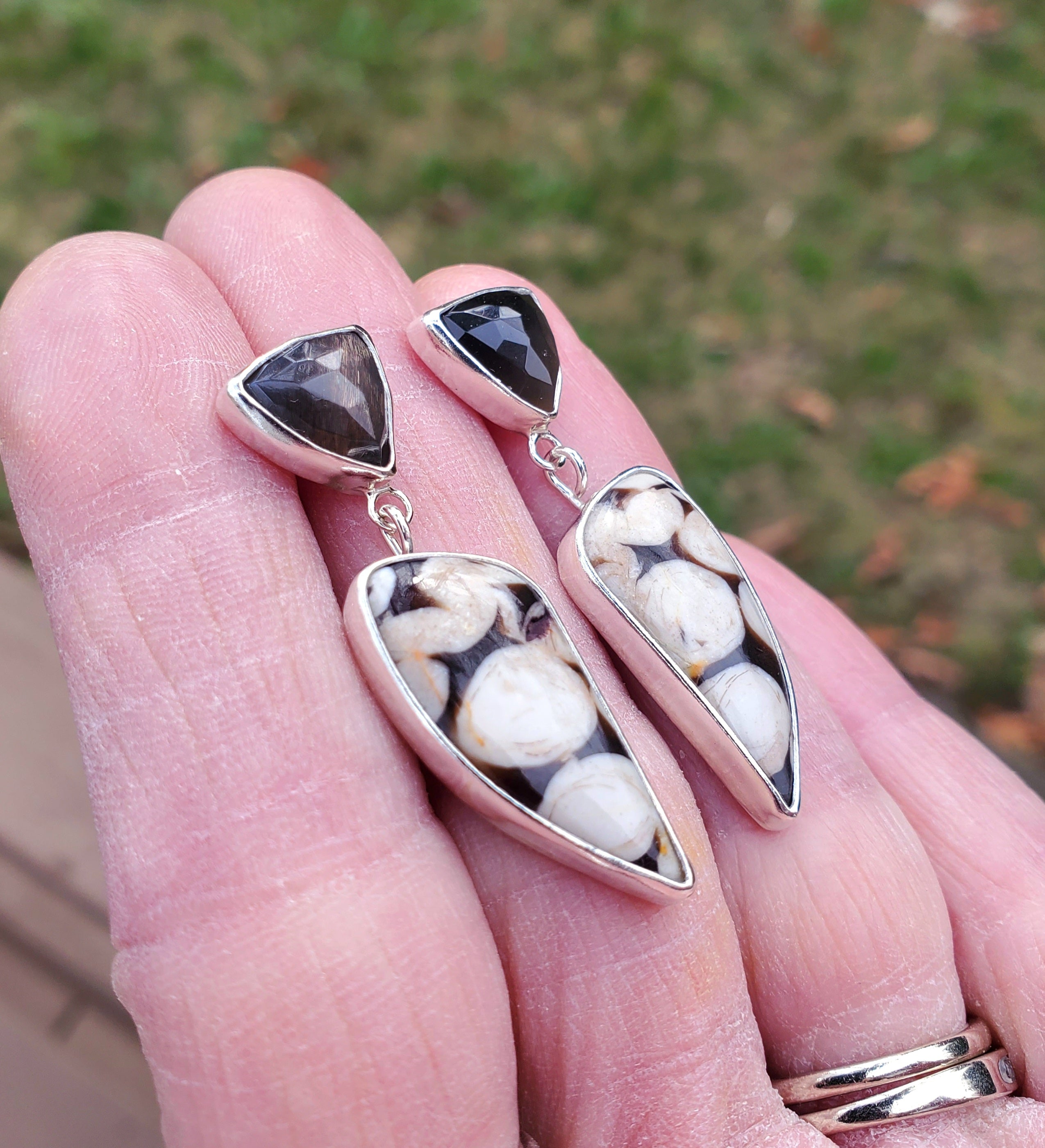 Peanut Jasper and African Moonstone Dangle Drop Earrings In Solid Sterling Silver