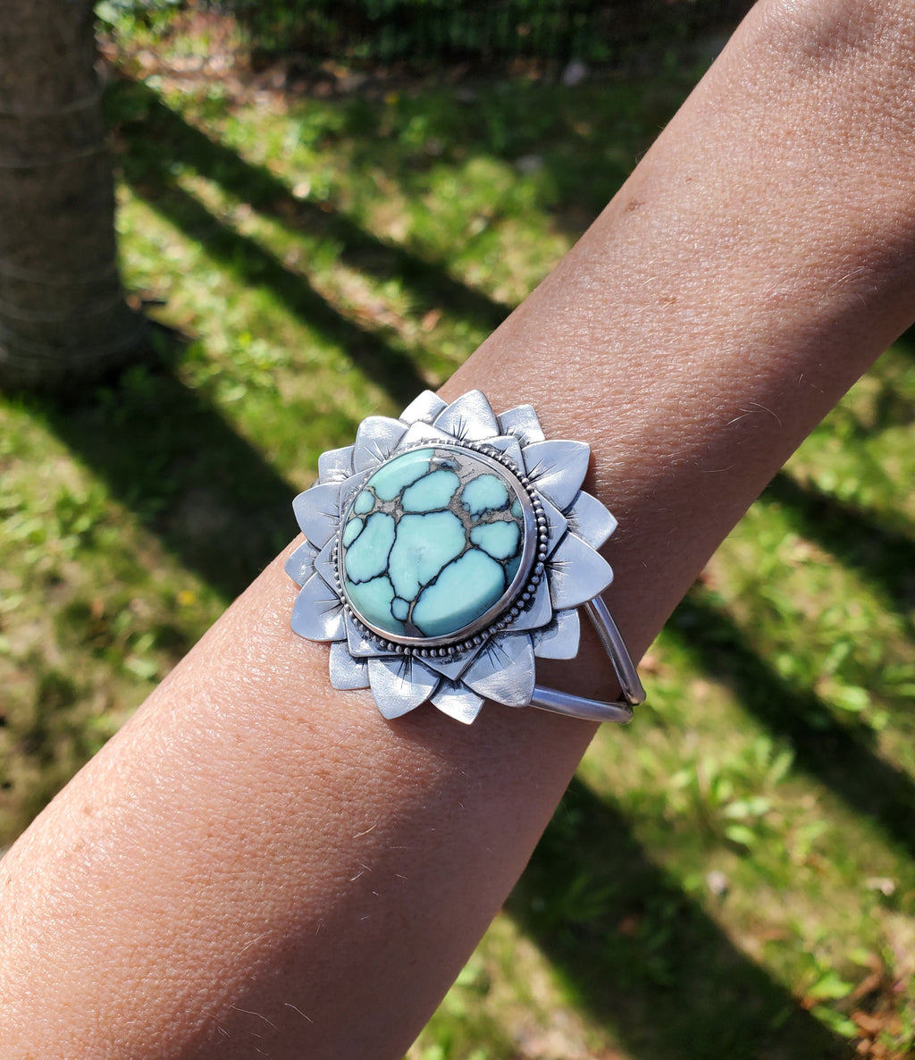 SOLD - Amazing Desert Bloom Variscite Bloom Flower Cuff in Solid Sterling Silver