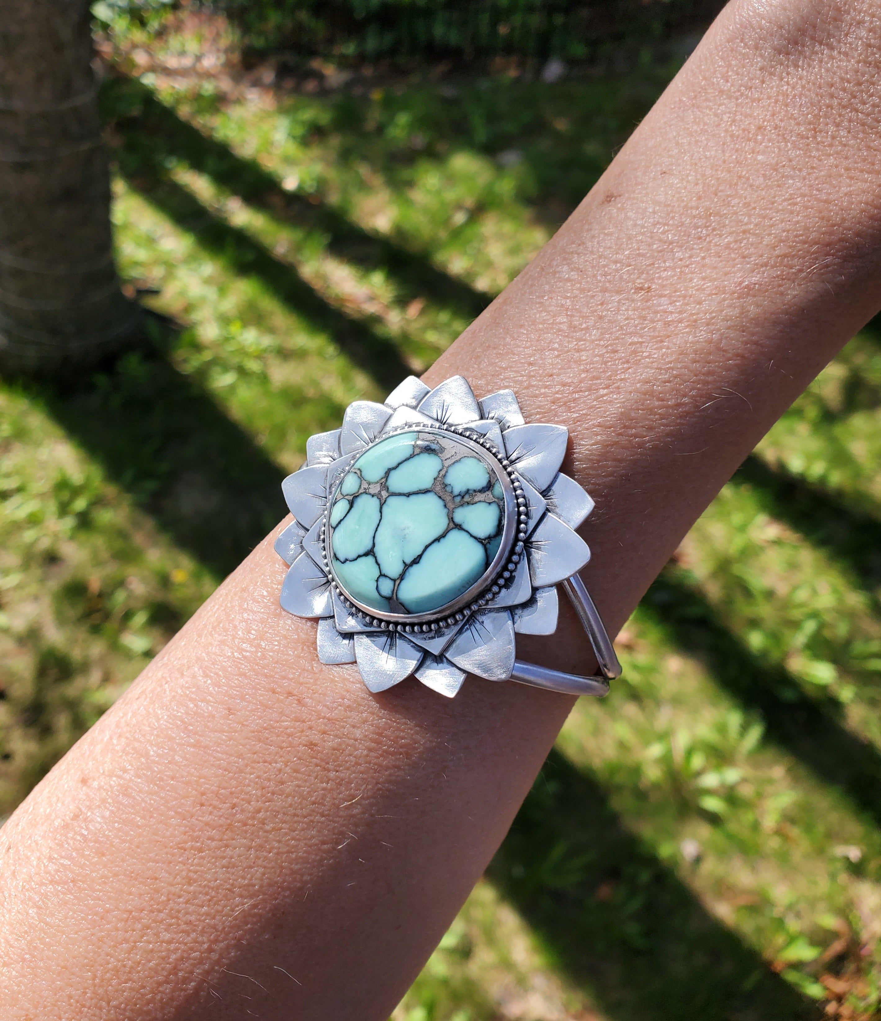 SOLD - Amazing Desert Bloom Variscite Bloom Flower Cuff in Solid Sterling Silver
