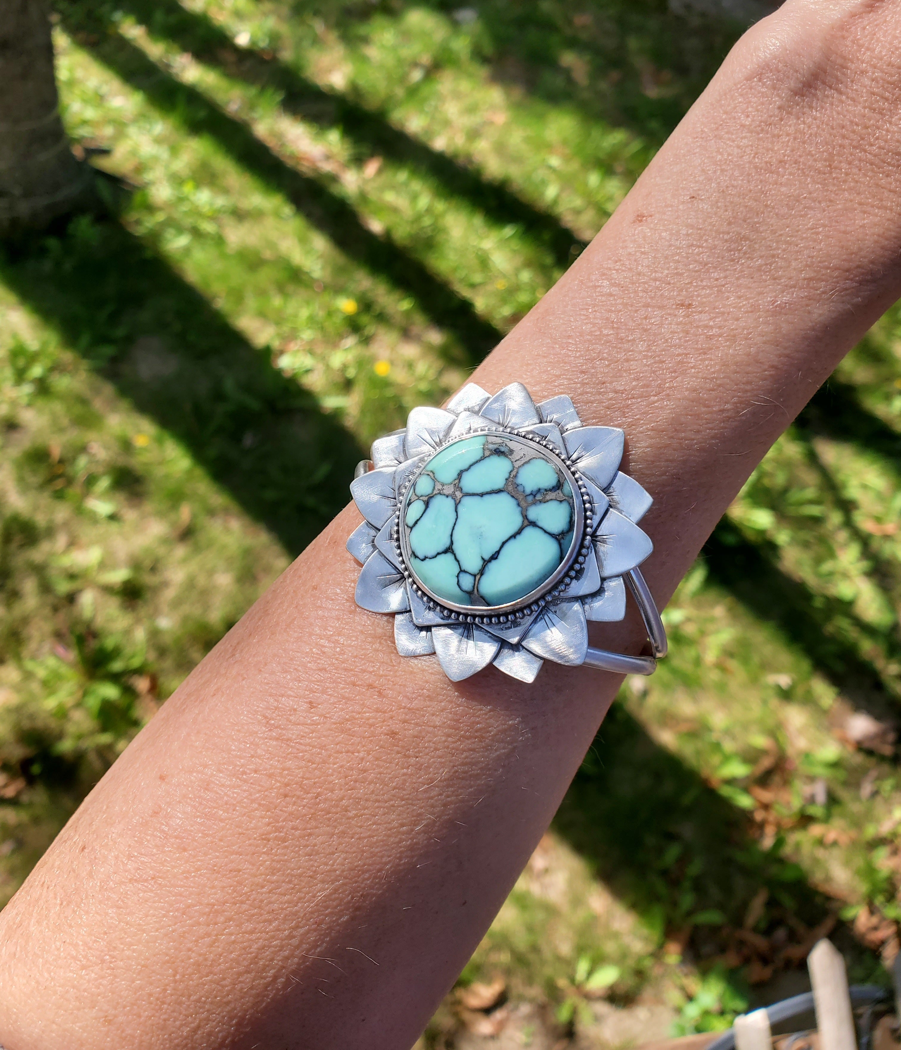 SOLD - Amazing Desert Bloom Variscite Bloom Flower Cuff in Solid Sterling Silver