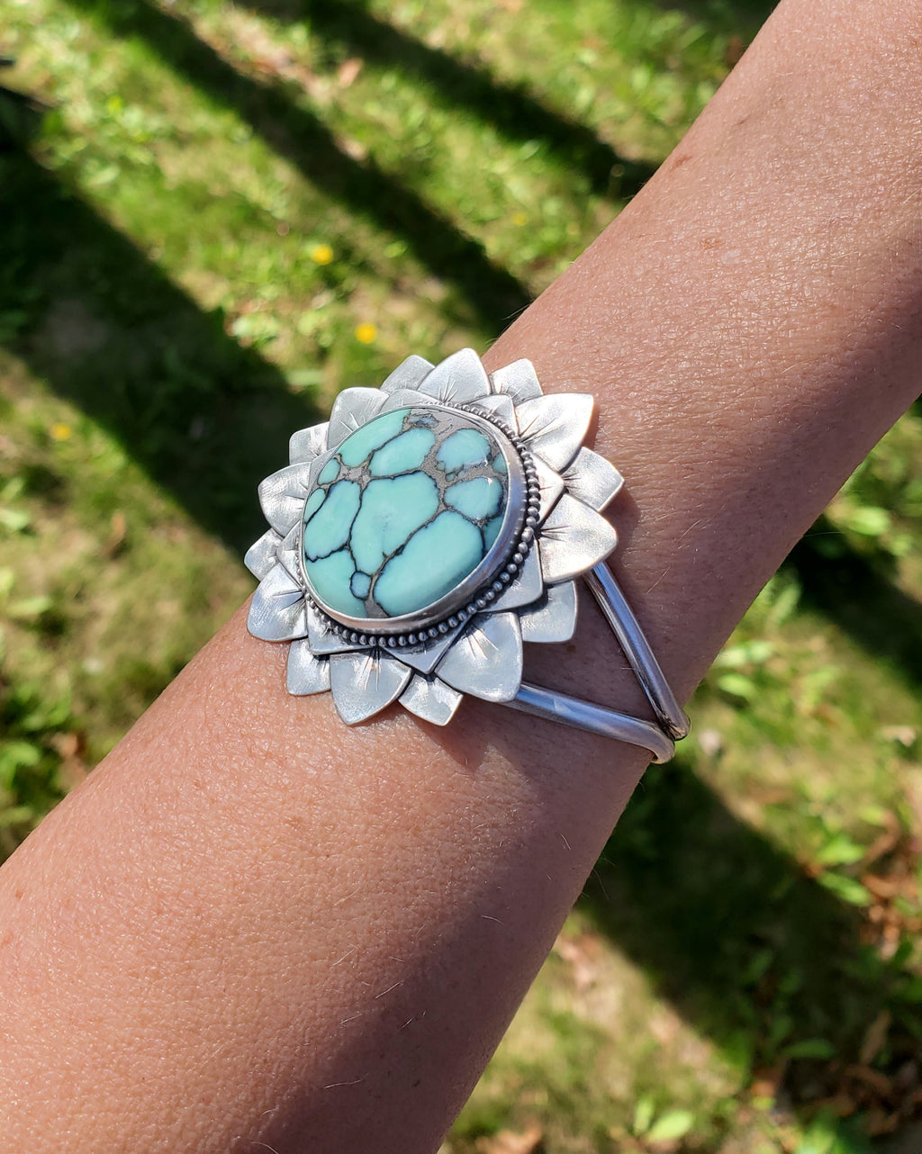 SOLD - Amazing Desert Bloom Variscite Bloom Flower Cuff in Solid Sterling Silver