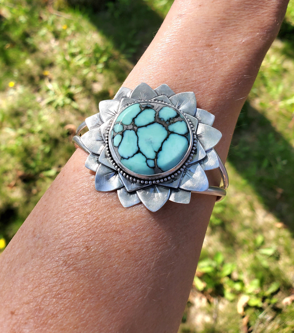 SOLD - Amazing Desert Bloom Variscite Bloom Flower Cuff in Solid Sterling Silver