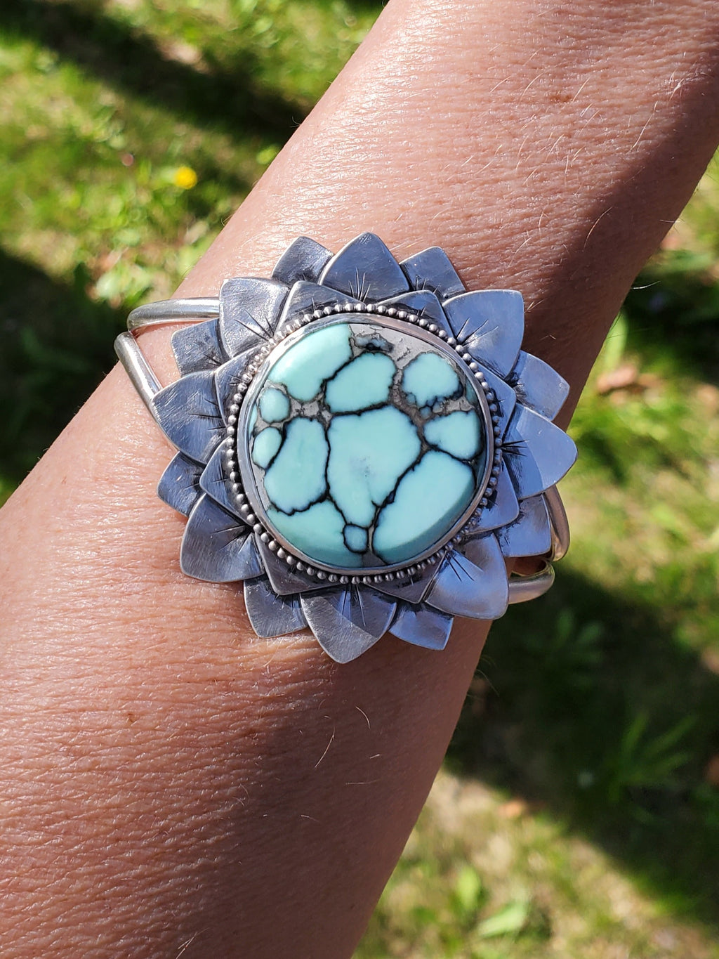 SOLD - Amazing Desert Bloom Variscite Bloom Flower Cuff in Solid Sterling Silver
