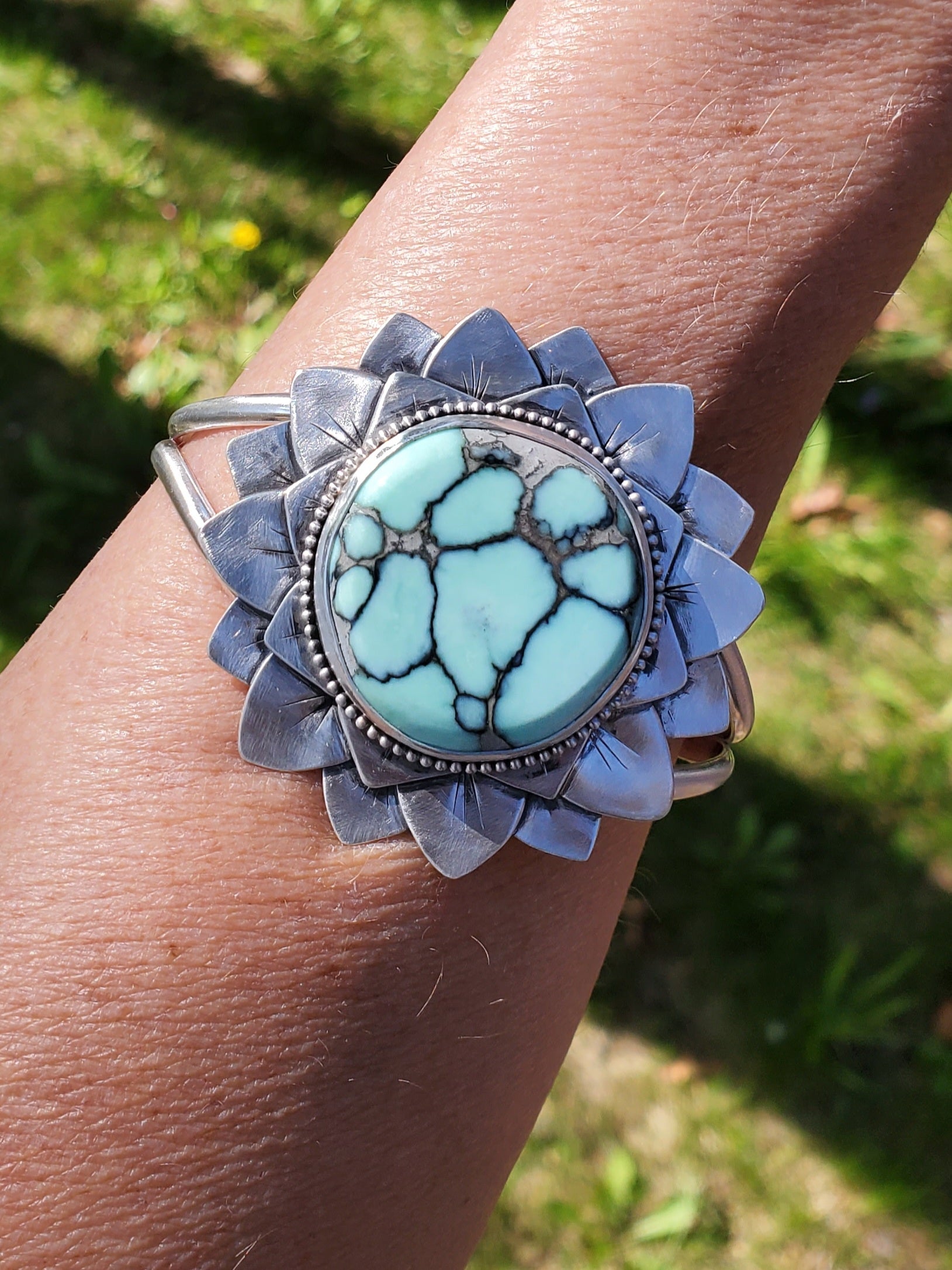 SOLD - Amazing Desert Bloom Variscite Bloom Flower Cuff in Solid Sterling Silver