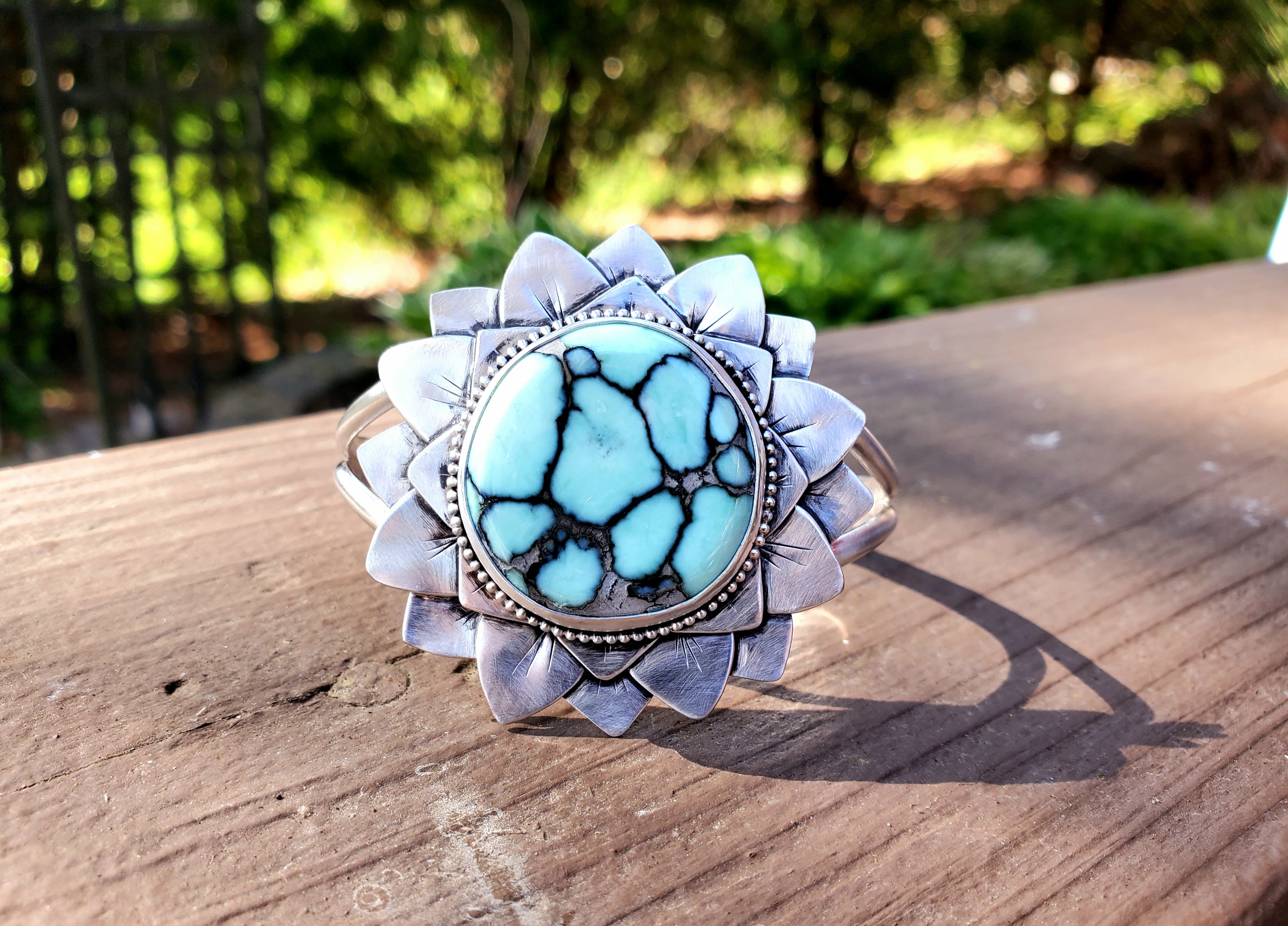 SOLD - Amazing Desert Bloom Variscite Bloom Flower Cuff in Solid Sterling Silver