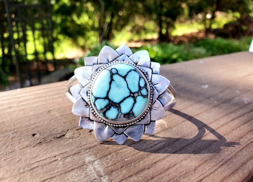 Amazing Desert Bloom Variscite Bloom Flower Cuff in Solid Sterling Silver