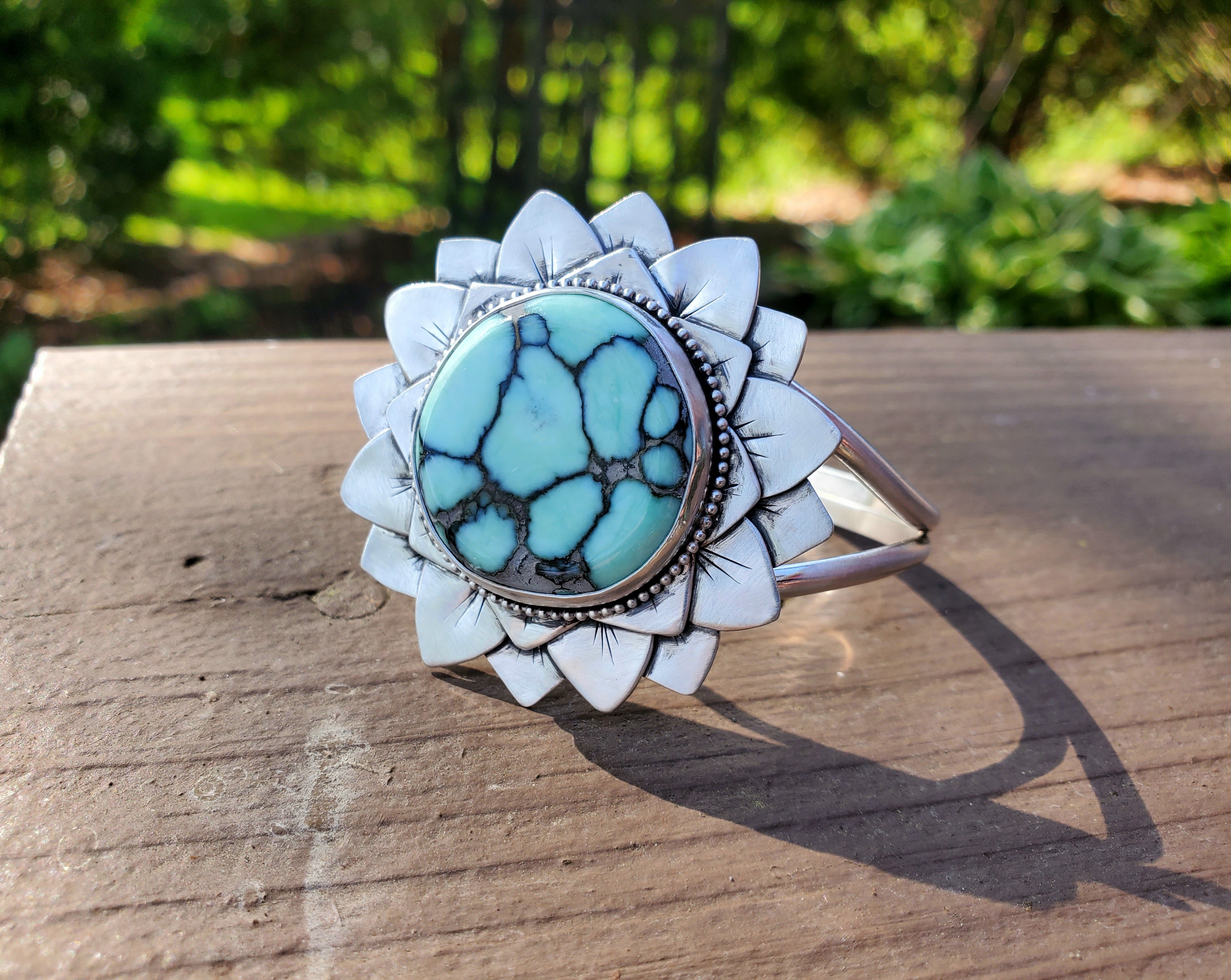 SOLD - Amazing Desert Bloom Variscite Bloom Flower Cuff in Solid Sterling Silver