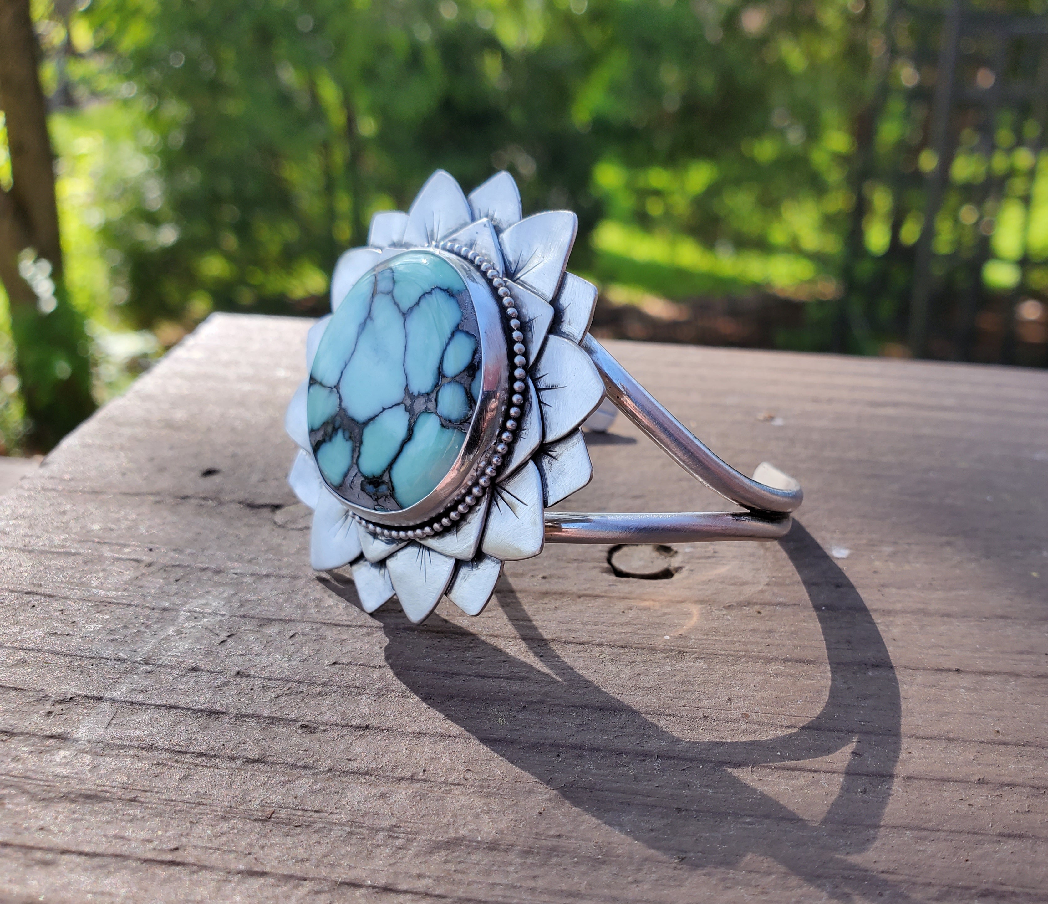 SOLD - Amazing Desert Bloom Variscite Bloom Flower Cuff in Solid Sterling Silver