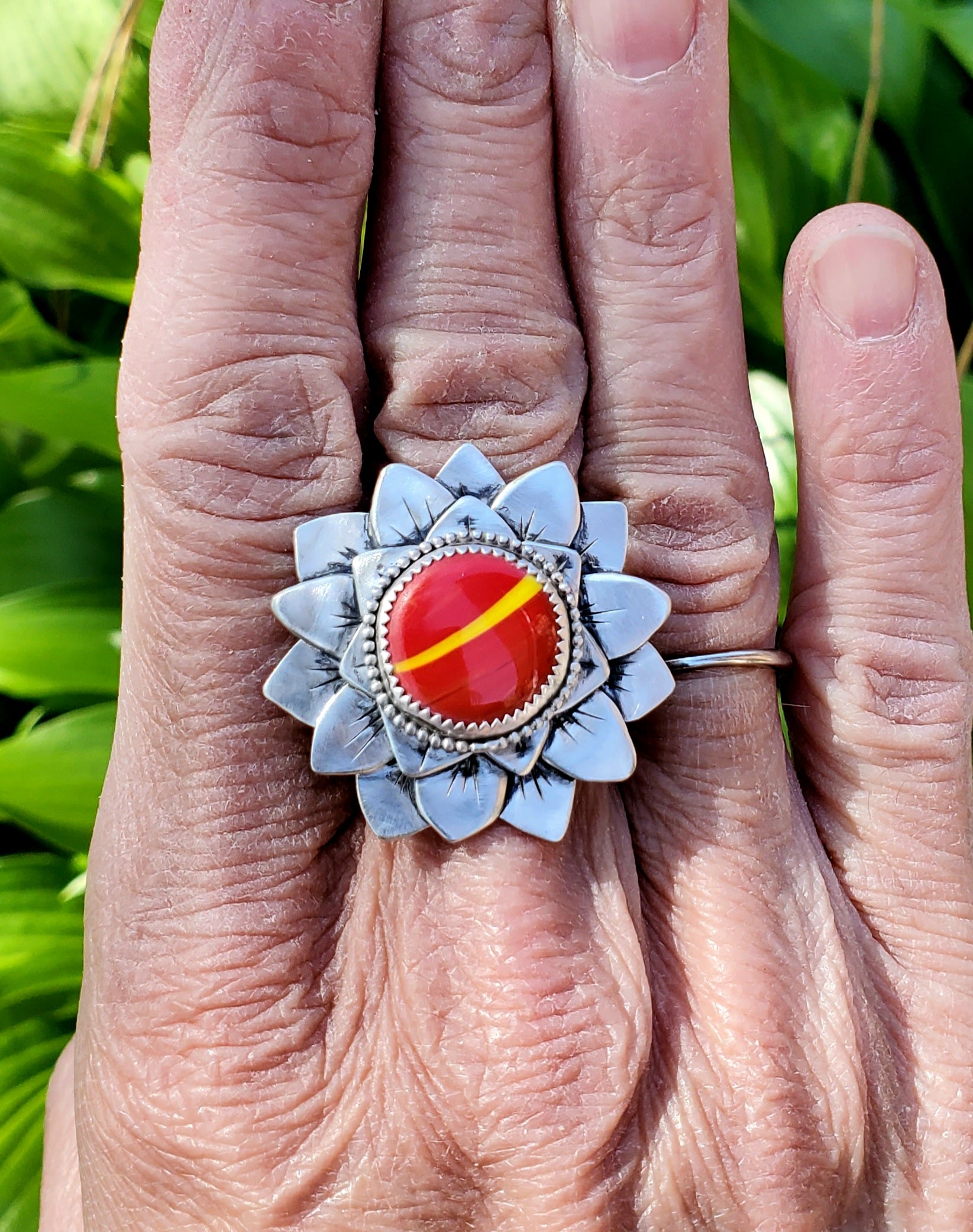 Rosarita Red and Yellow Bloom Flower Statement Ring In Solid Sterling Silver! Size 8.5
