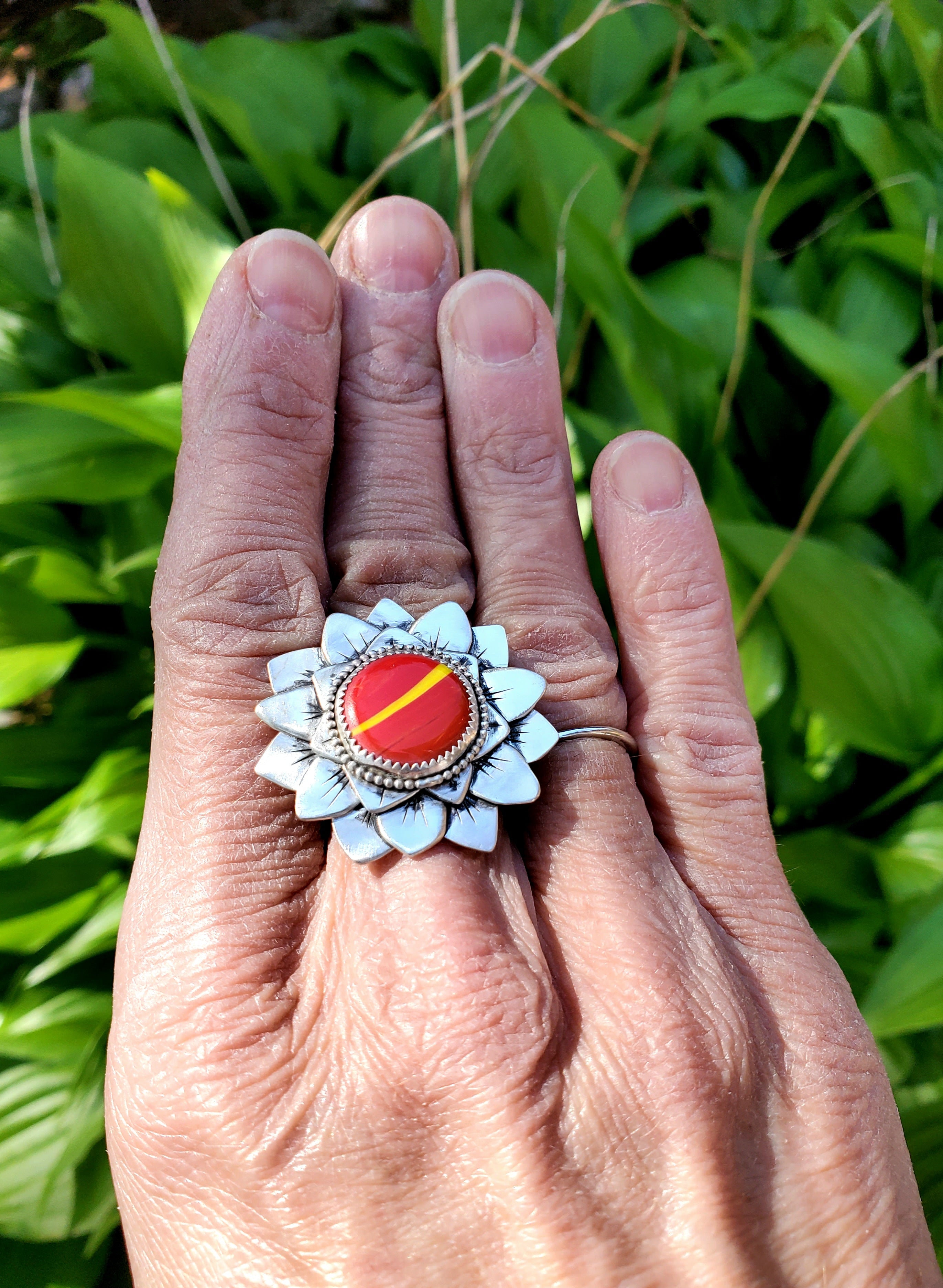 Rosarita Red and Yellow Bloom Flower Statement Ring In Solid Sterling Silver! Size 8.5