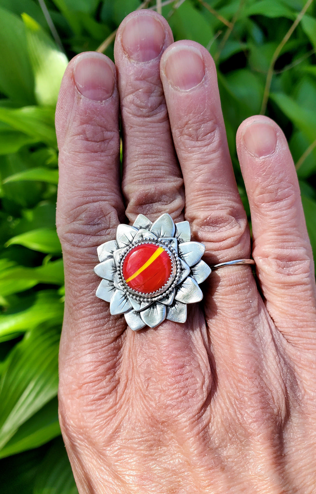 Rosarita Red and Yellow Bloom Flower Statement Ring In Solid Sterling Silver! Size 8.5