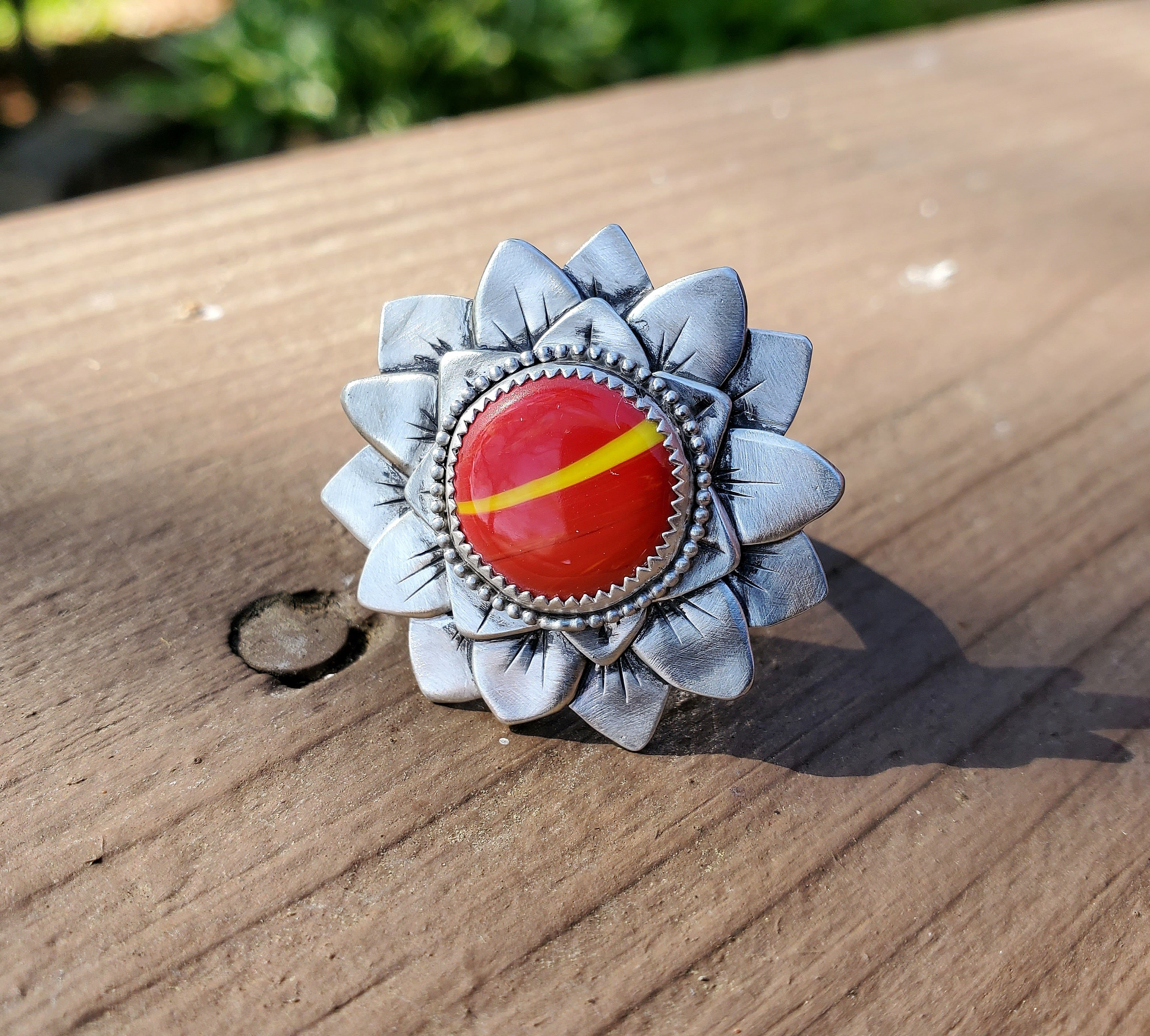 Rosarita Red and Yellow Bloom Flower Statement Ring In Solid Sterling Silver! Size 8.5