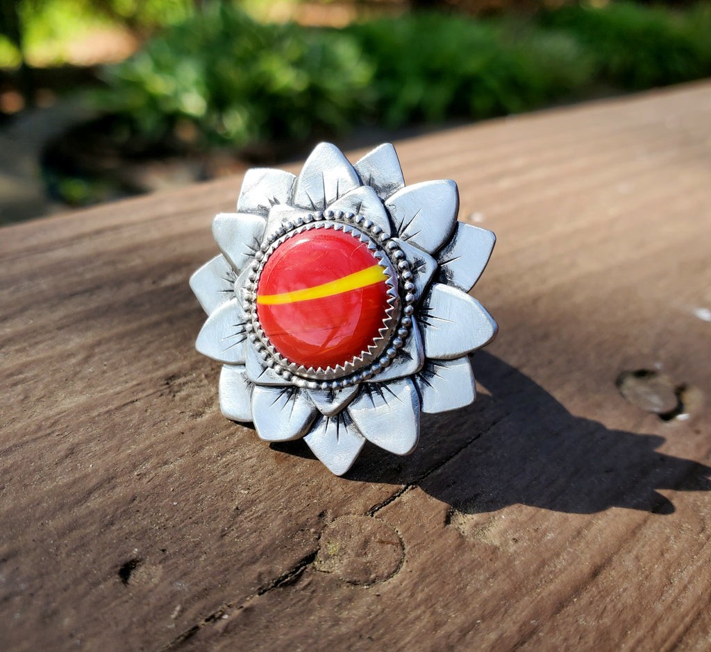 Rosarita Red and Yellow Bloom Flower Statement Ring In Solid Sterling Silver! Size 8.5