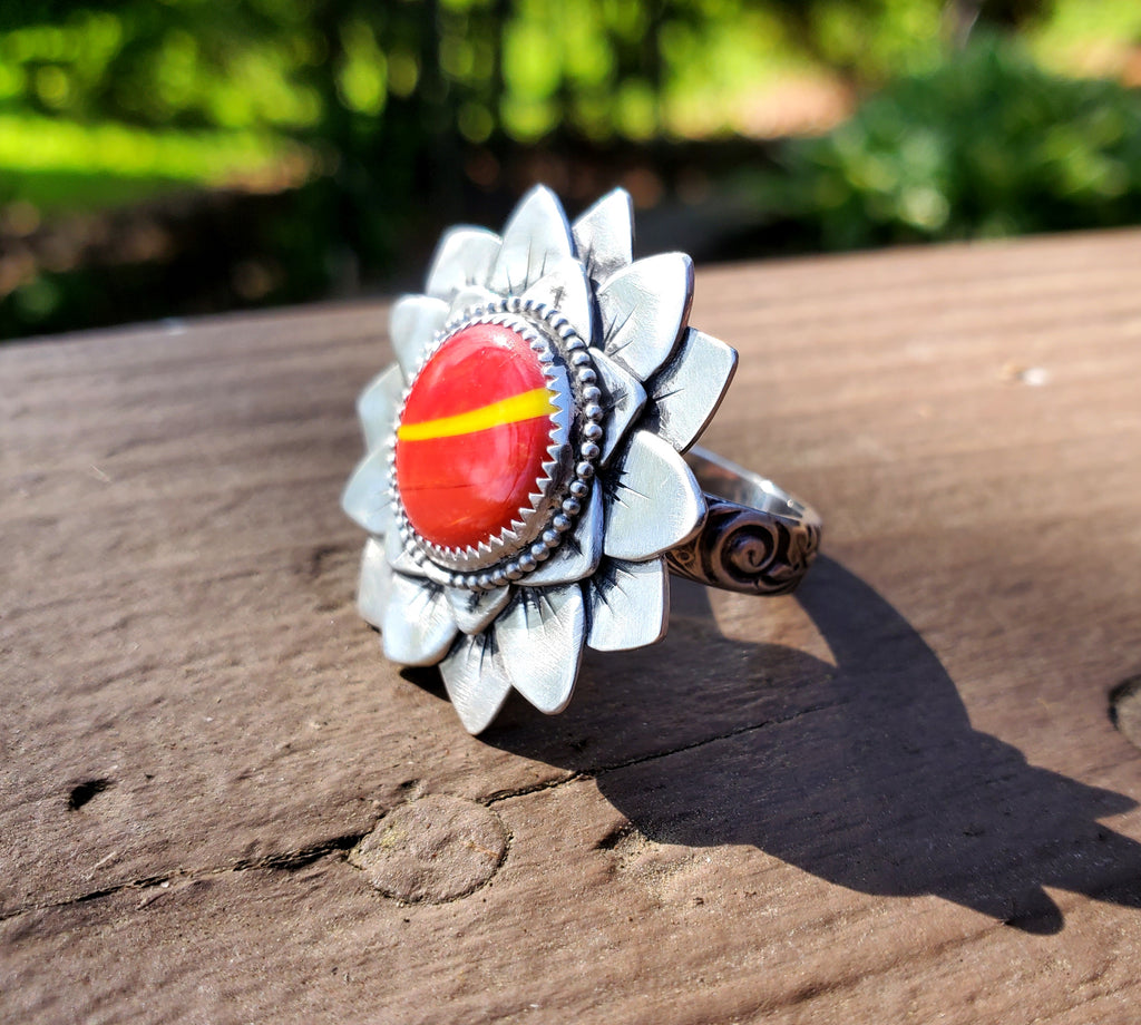 Rosarita Red and Yellow Bloom Flower Statement Ring In Solid Sterling Silver! Size 8.5