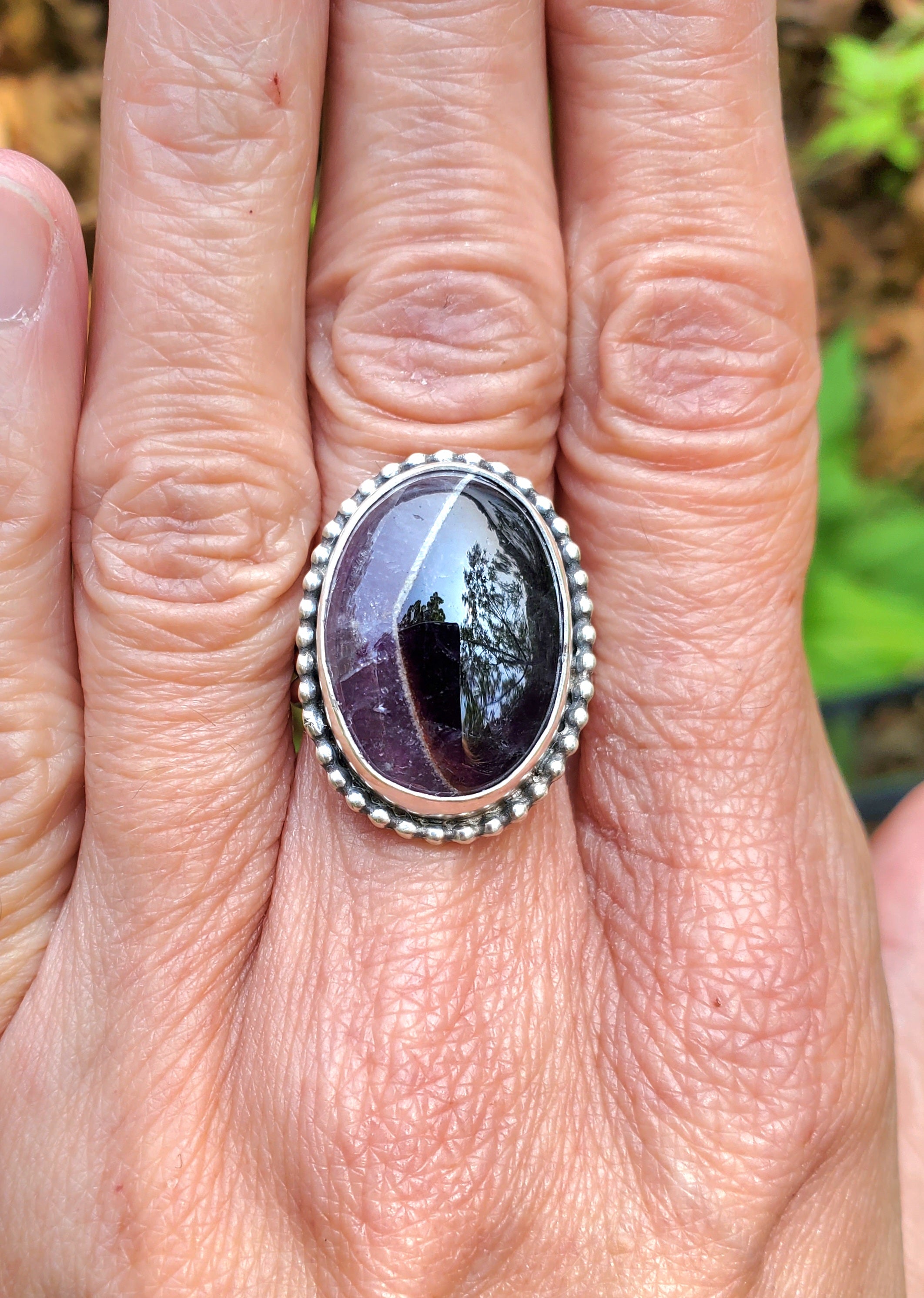 Chevron Amethyst Statement Ring in Solid Sterling Silver. Size 6