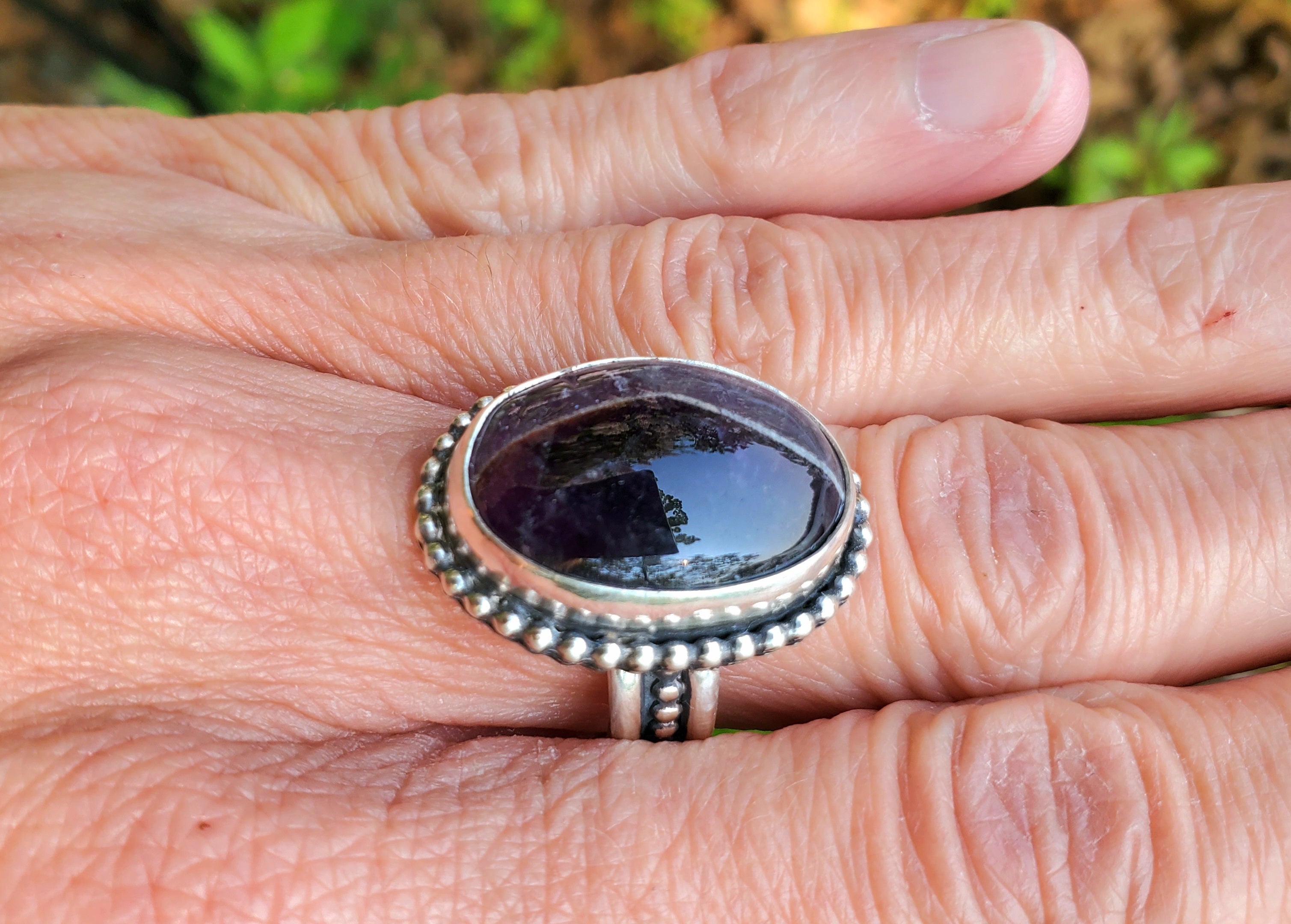Chevron Amethyst Statement Ring in Solid Sterling Silver. Size 6