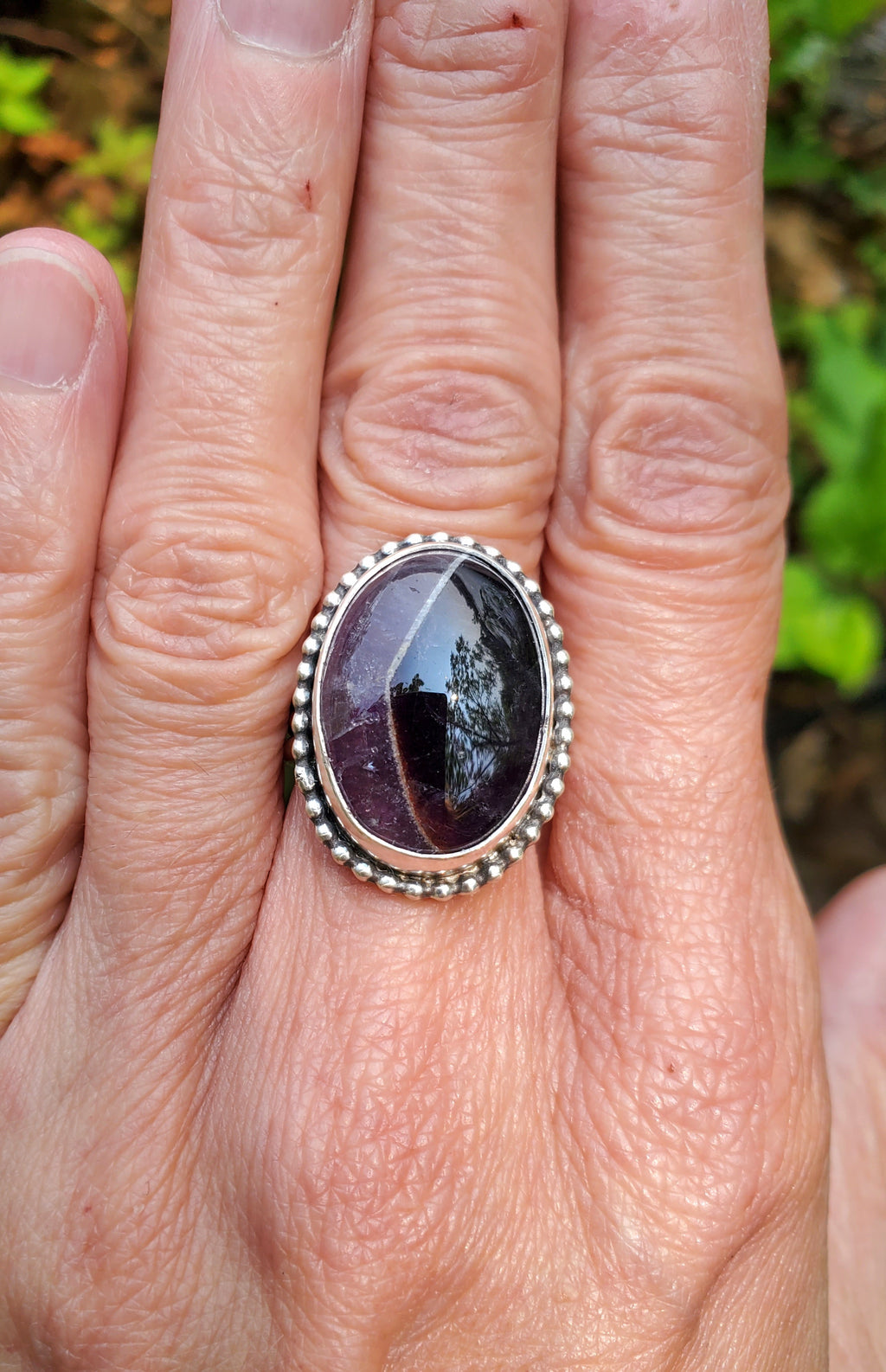 Chevron Amethyst Statement Ring in Solid Sterling Silver. Size 6