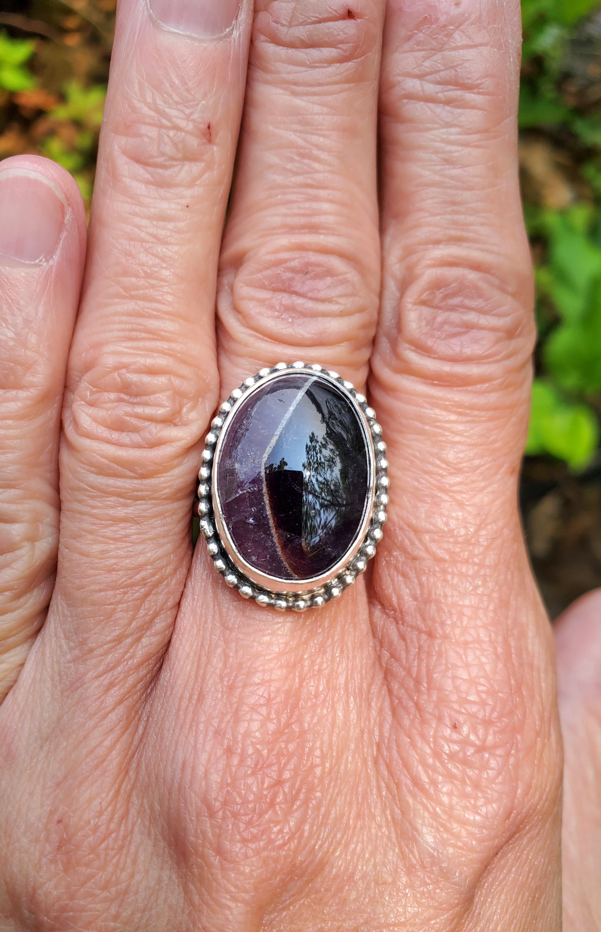 Chevron Amethyst Statement Ring in Solid Sterling Silver. Size 6