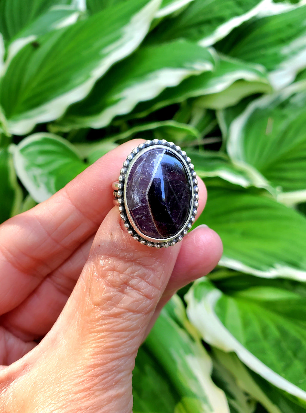 Chevron Amethyst Statement Ring in Solid Sterling Silver. Size 6