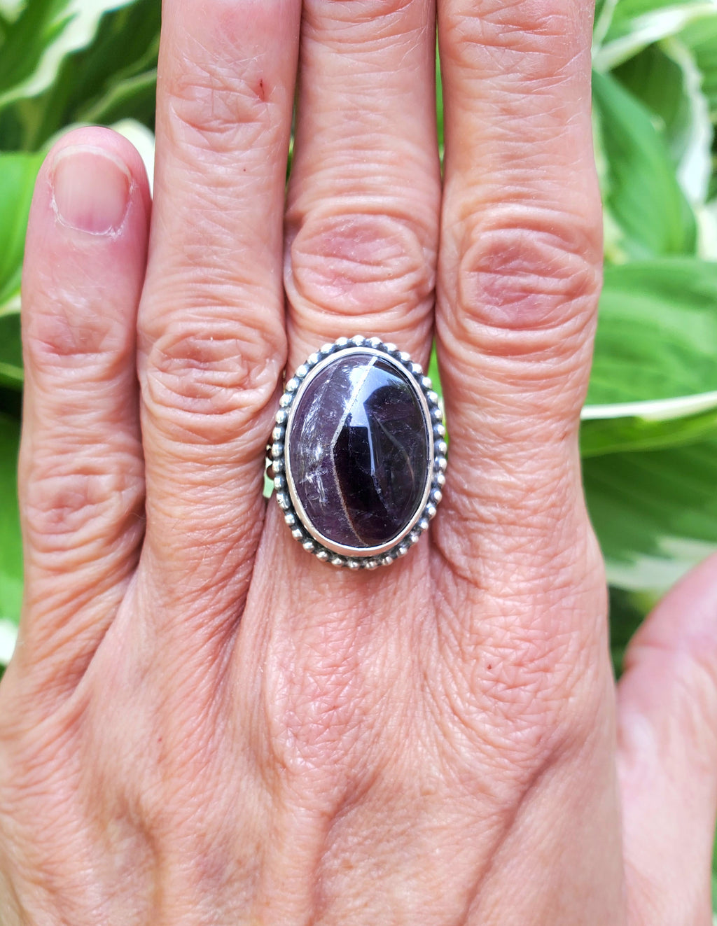 Chevron Amethyst Statement Ring in Solid Sterling Silver. Size 6