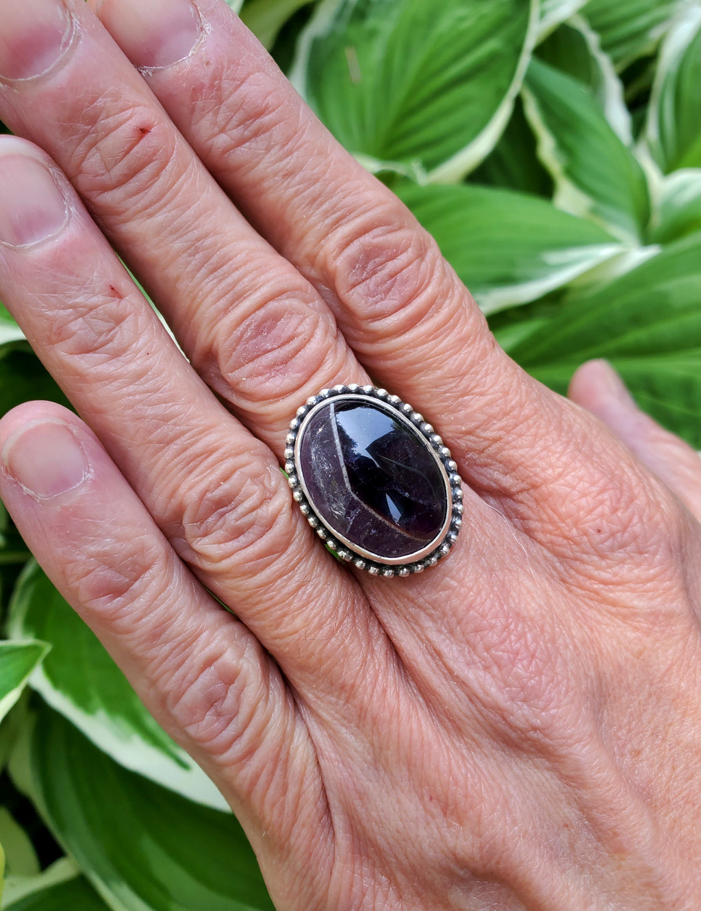 Chevron Amethyst Statement Ring in Solid Sterling Silver. Size 6