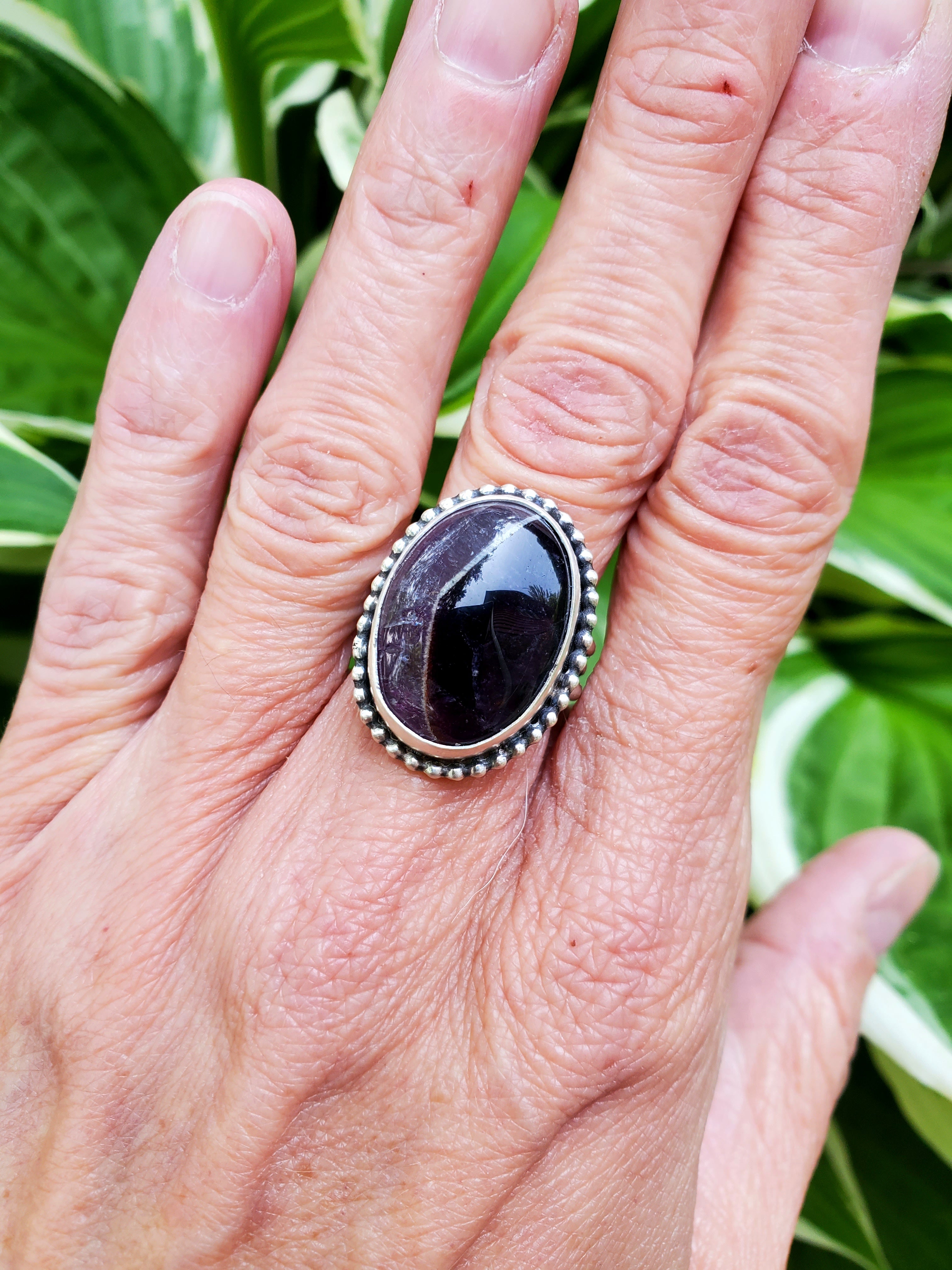Chevron Amethyst Statement Ring in Solid Sterling Silver. Size 6