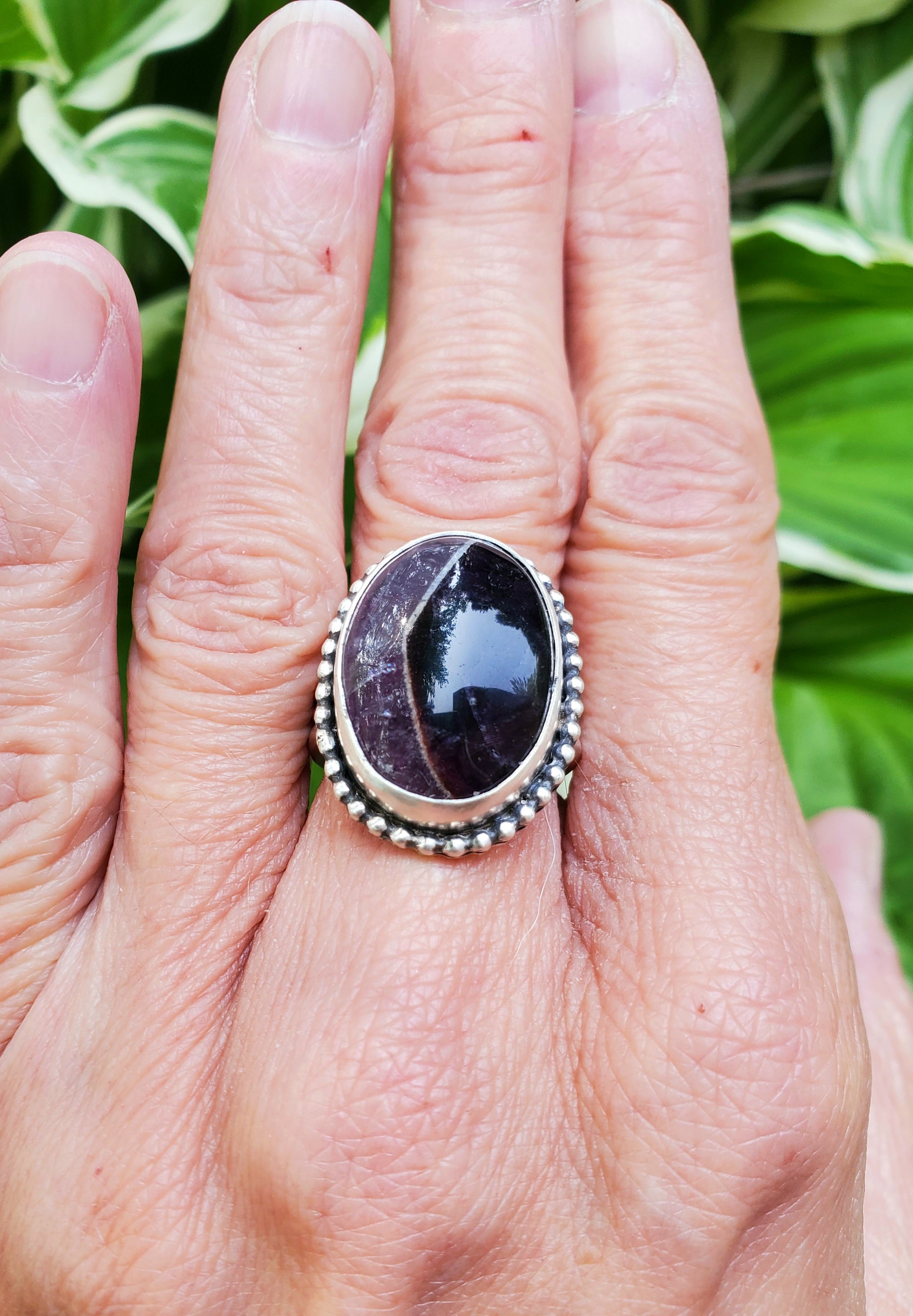 Chevron Amethyst Statement Ring in Solid Sterling Silver. Size 6