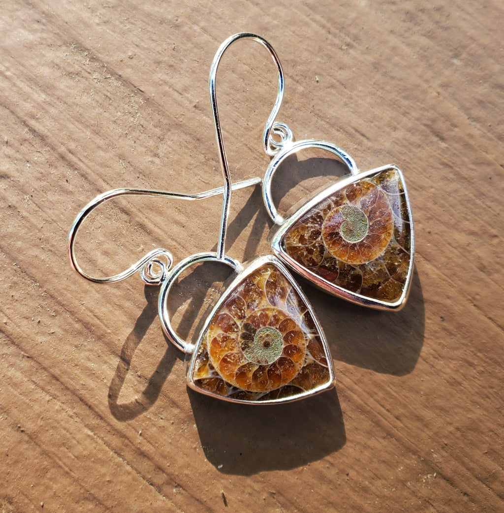Ammonite Fossil Triangular Dangle Drop Earrings in Solid Sterling Silver
