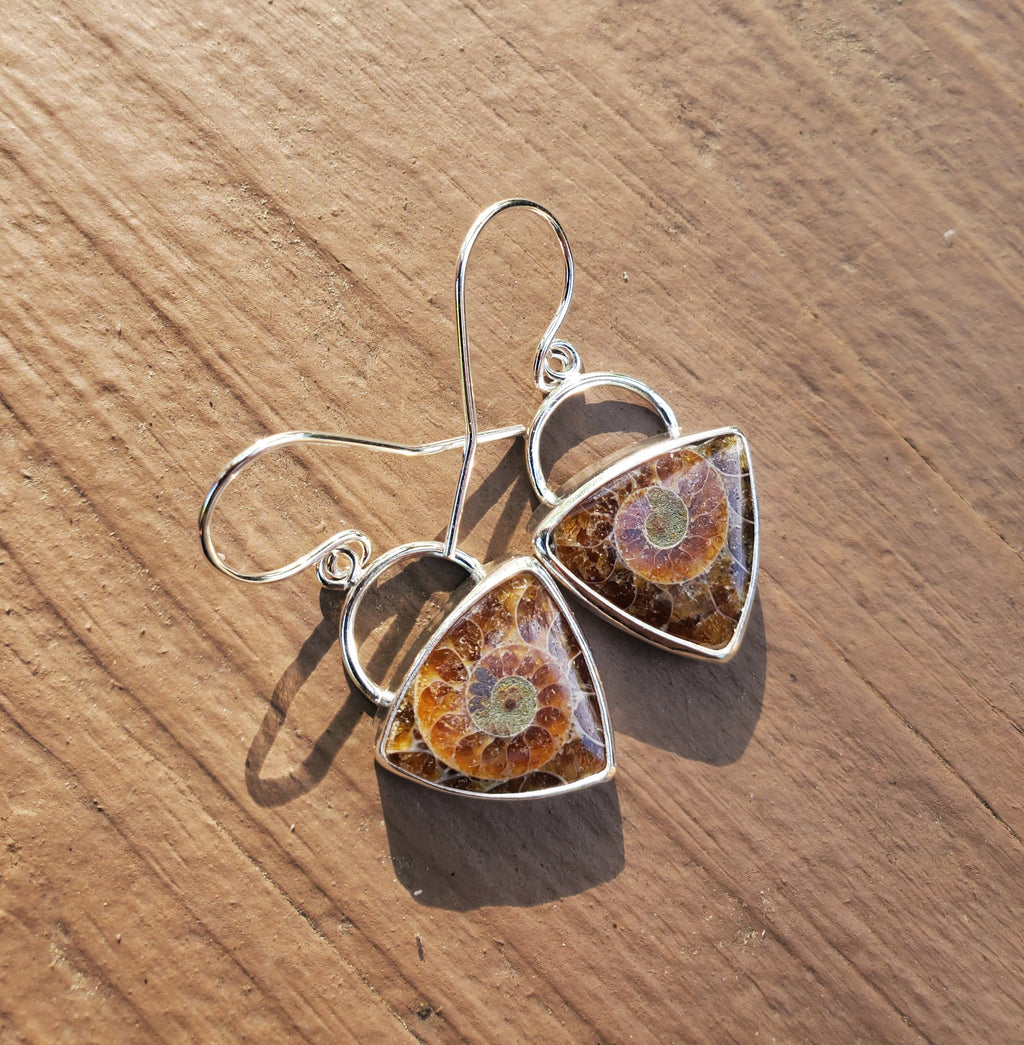 Ammonite Fossil Triangular Dangle Drop Earrings in Solid Sterling Silver