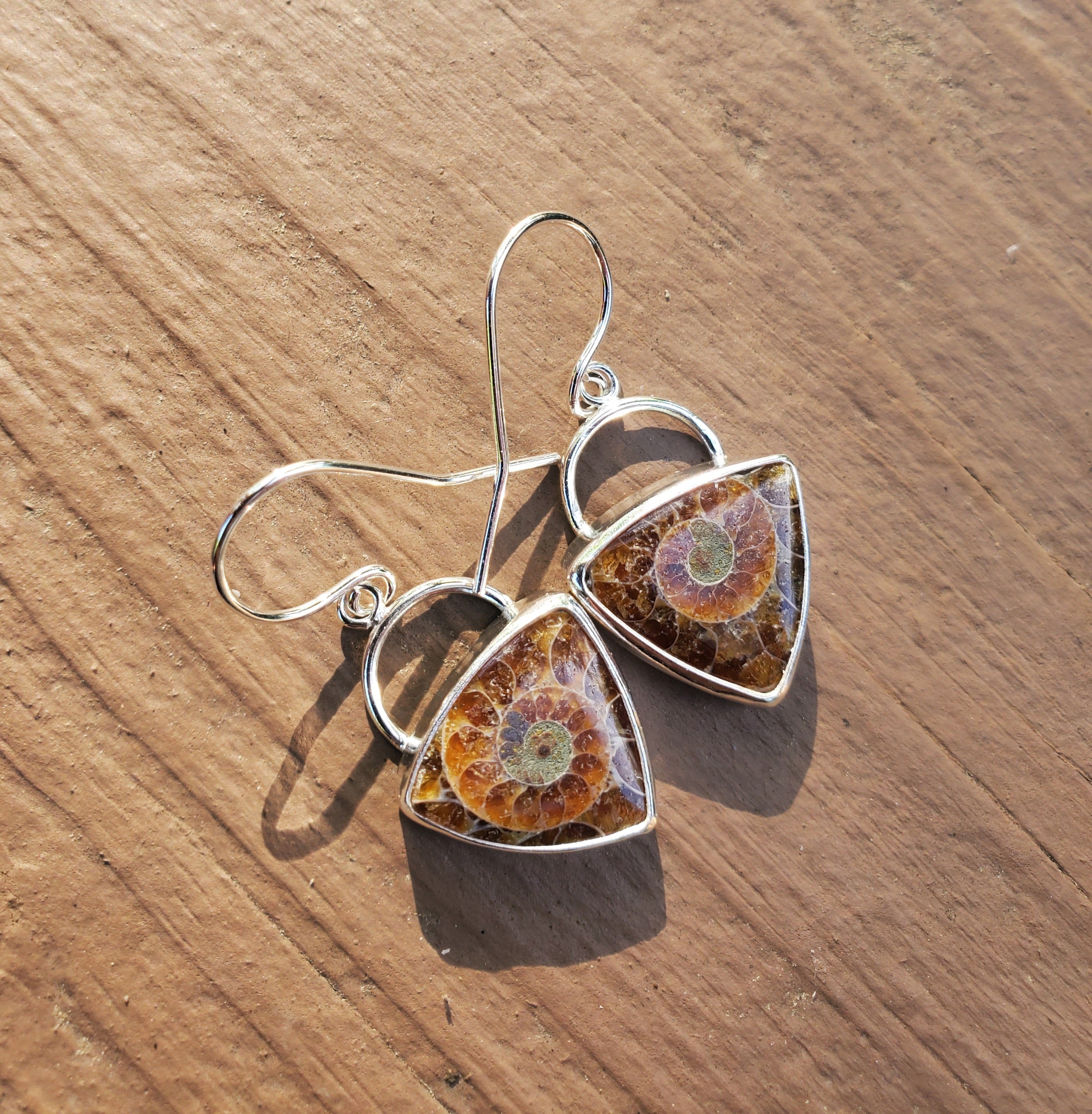 Ammonite Fossil Triangular Dangle Drop Earrings in Solid Sterling Silver