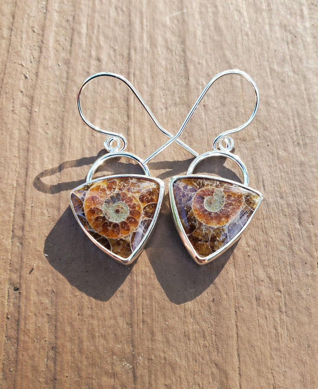Ammonite Fossil Triangular Dangle Drop Earrings in Solid Sterling Silver