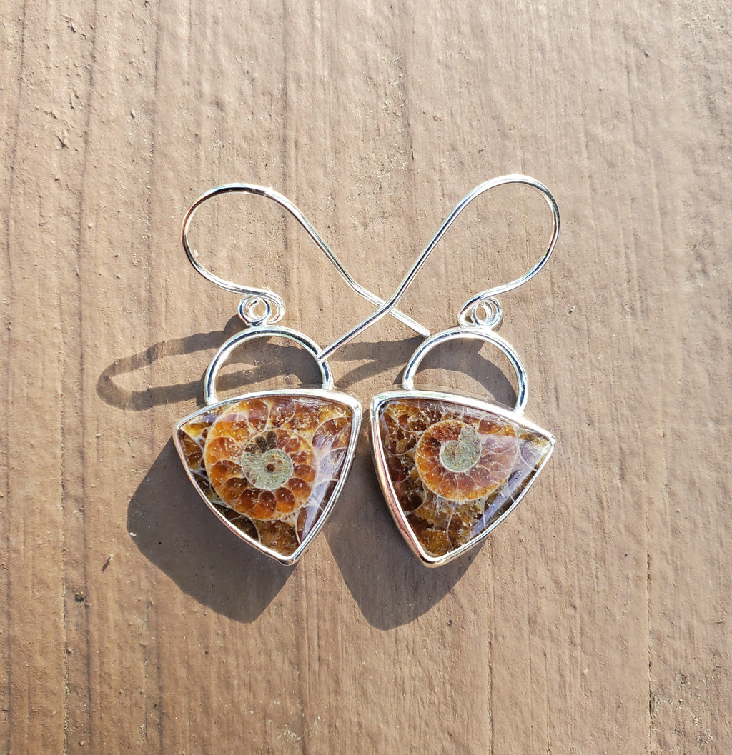 Ammonite Fossil Triangular Dangle Drop Earrings in Solid Sterling Silver