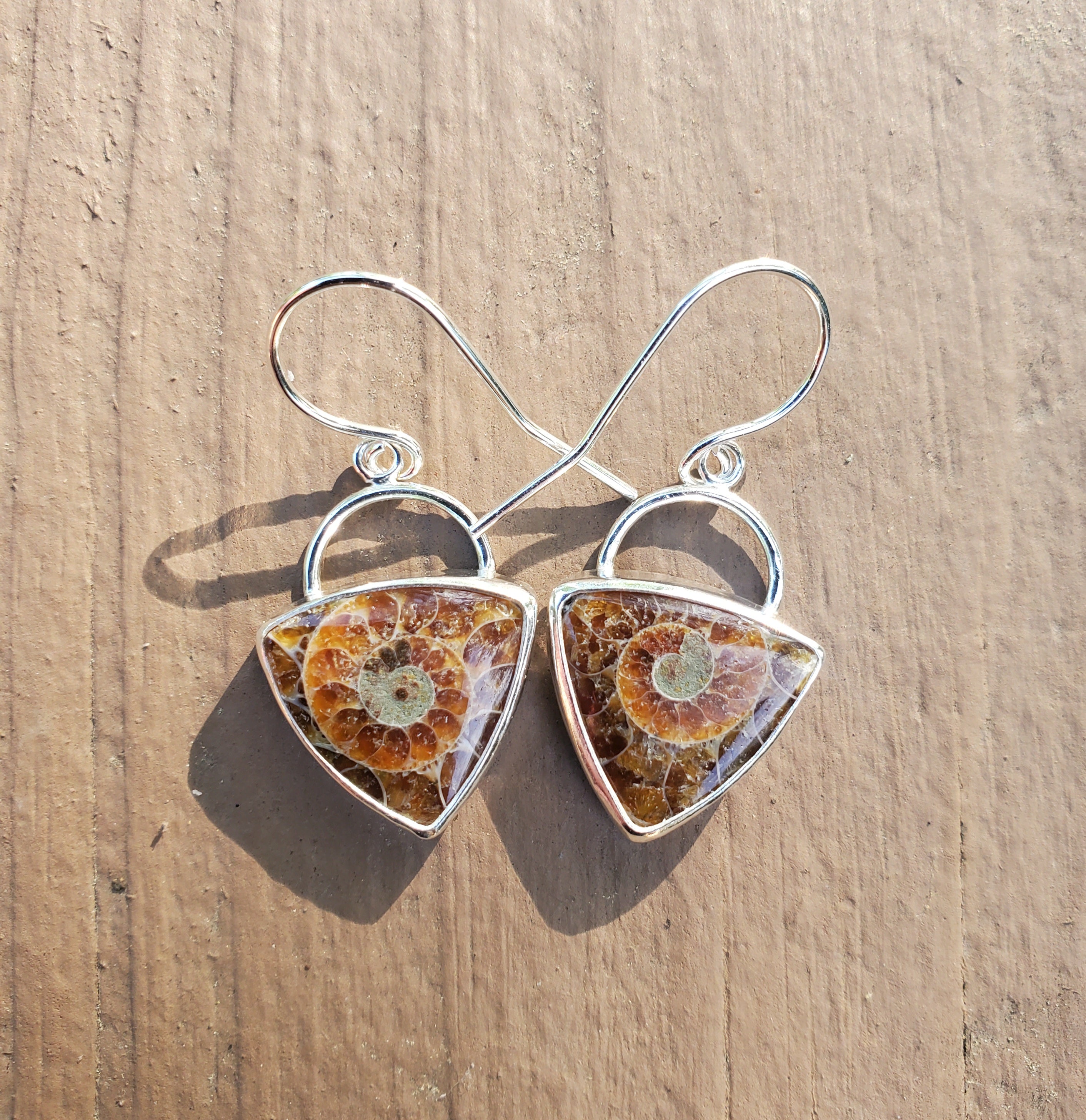 Ammonite Fossil Triangular Dangle Drop Earrings in Solid Sterling Silver