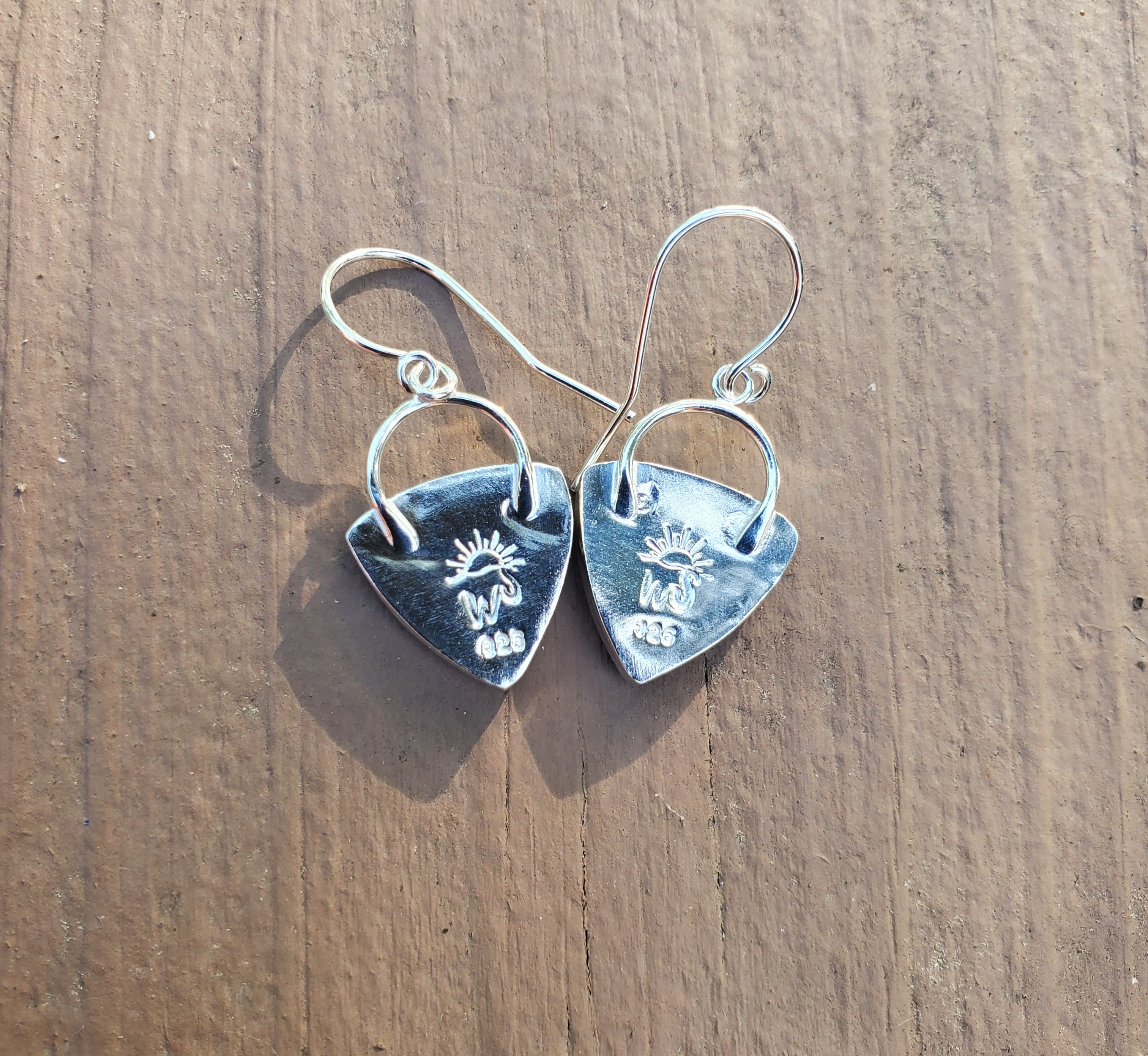 Ammonite Fossil Triangular Dangle Drop Earrings in Solid Sterling Silver