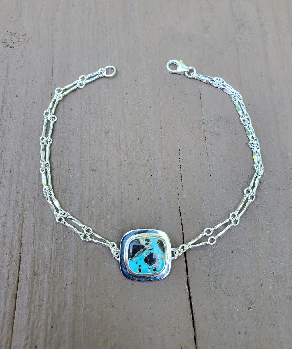 Carico Lake Turquoise Dainty Square Plume Link Bracelet in Solid Sterling Silver