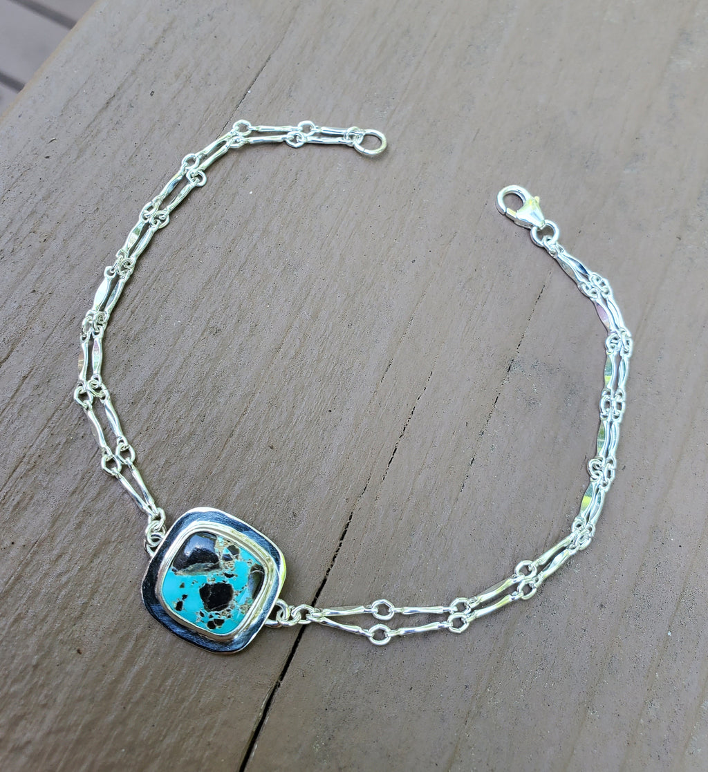 Carico Lake Turquoise Dainty Square Plume Link Bracelet in Solid Sterling Silver