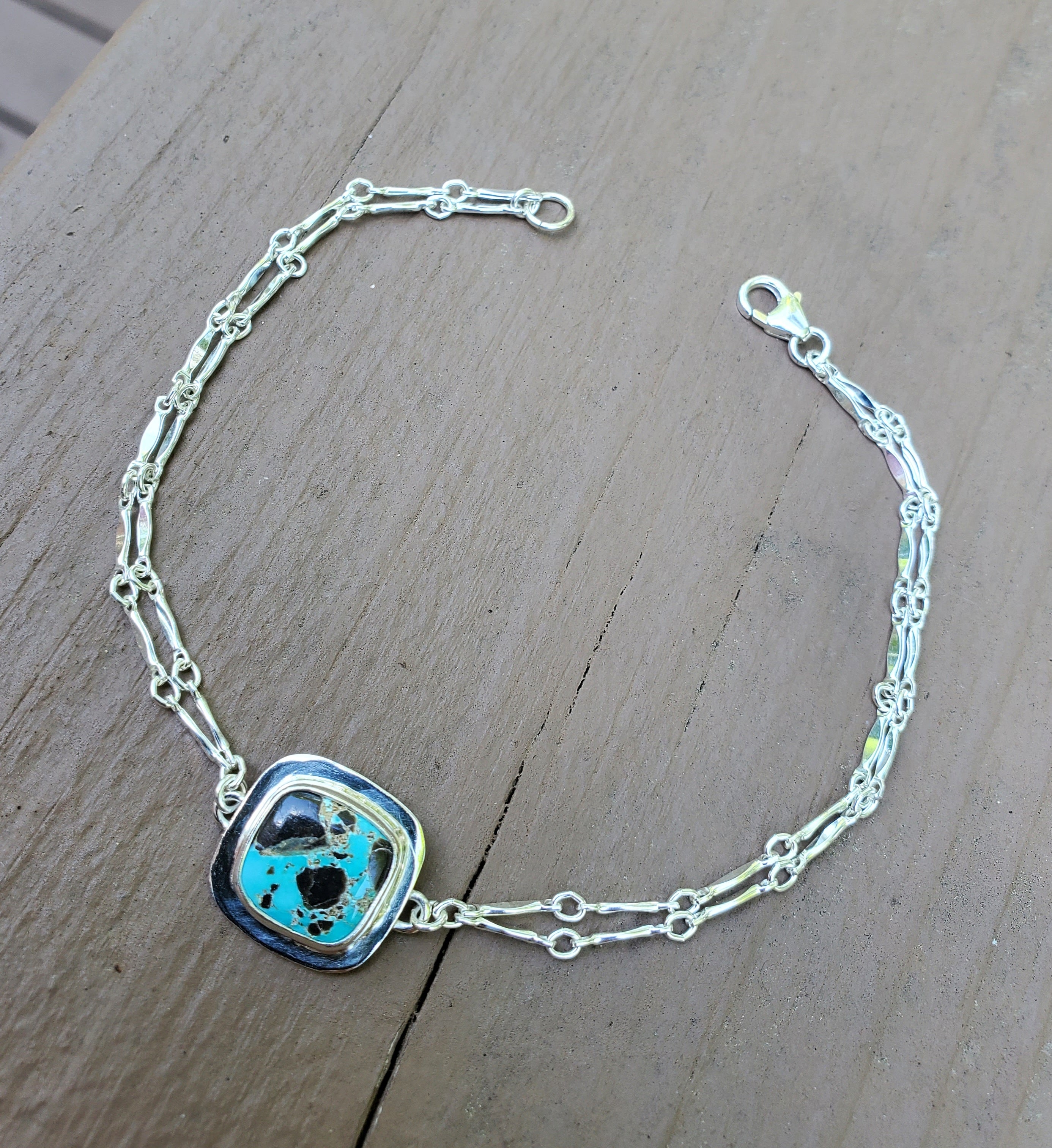 Carico Lake Turquoise Dainty Square Plume Link Bracelet in Solid Sterling Silver