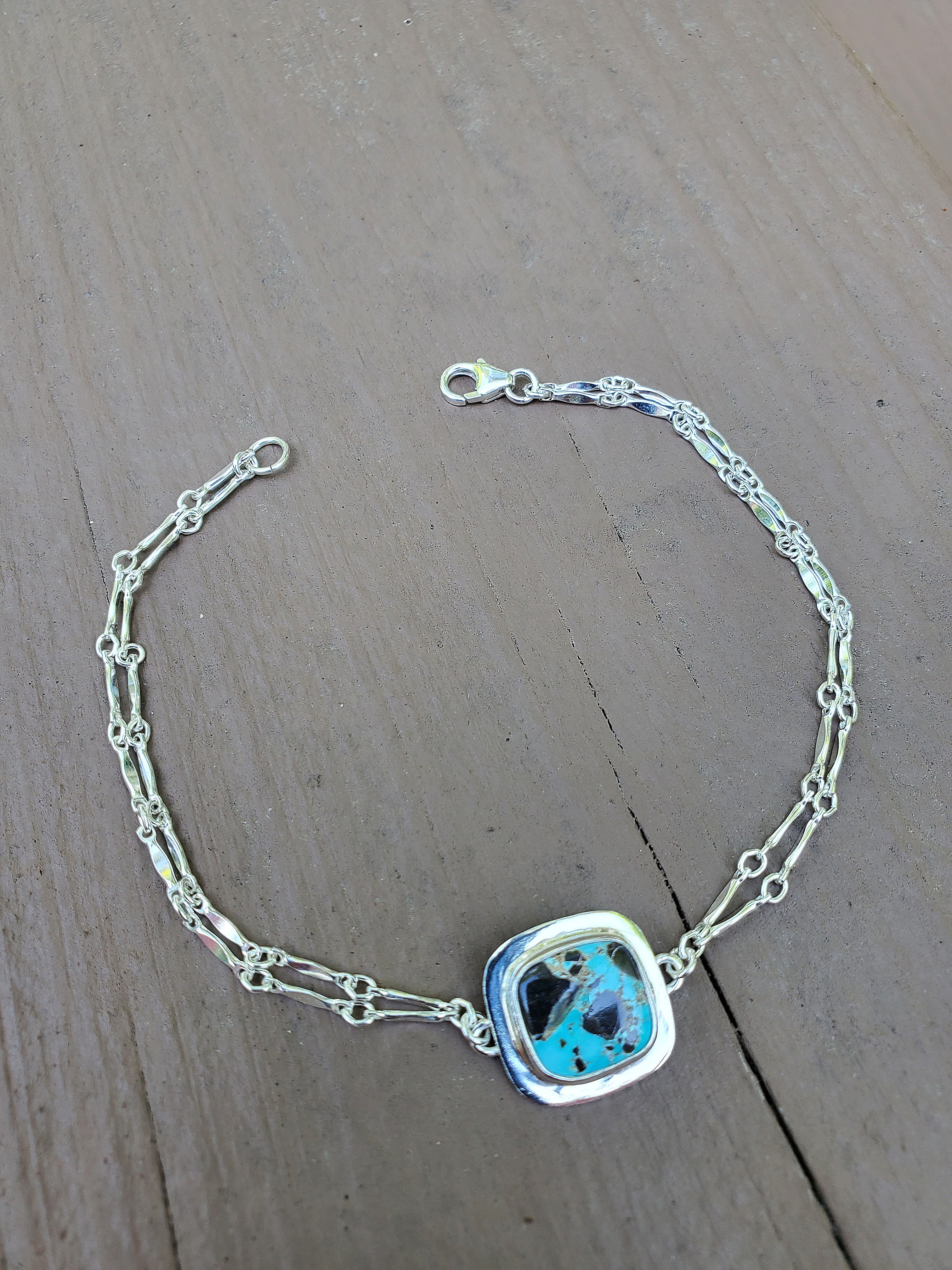 Carico Lake Turquoise Dainty Square Plume Link Bracelet in Solid Sterling Silver