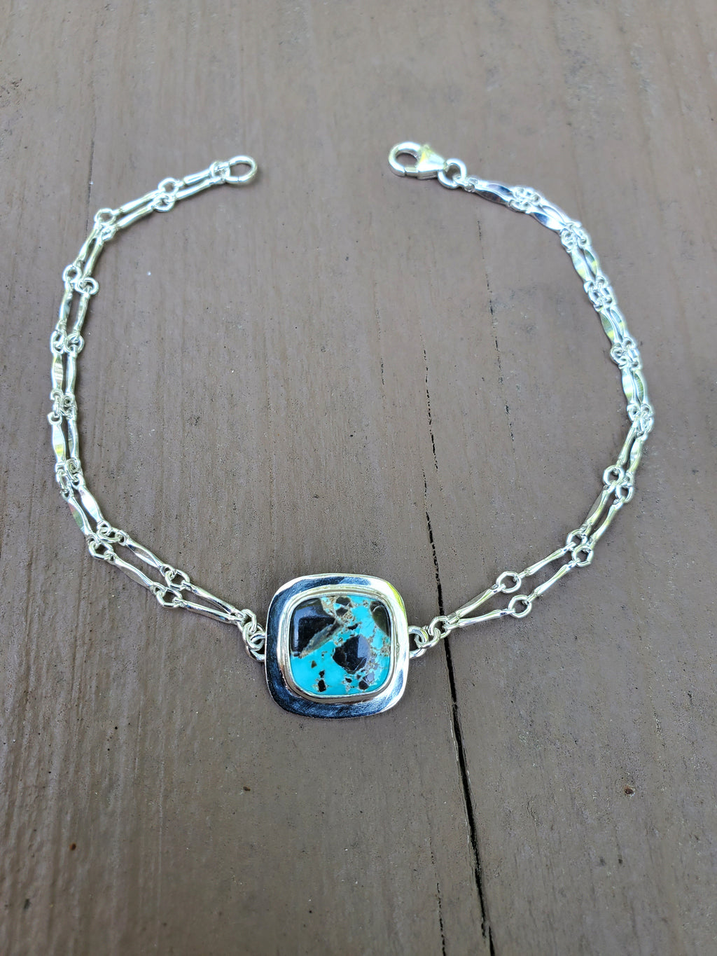 Carico Lake Turquoise Dainty Square Plume Link Bracelet in Solid Sterling Silver