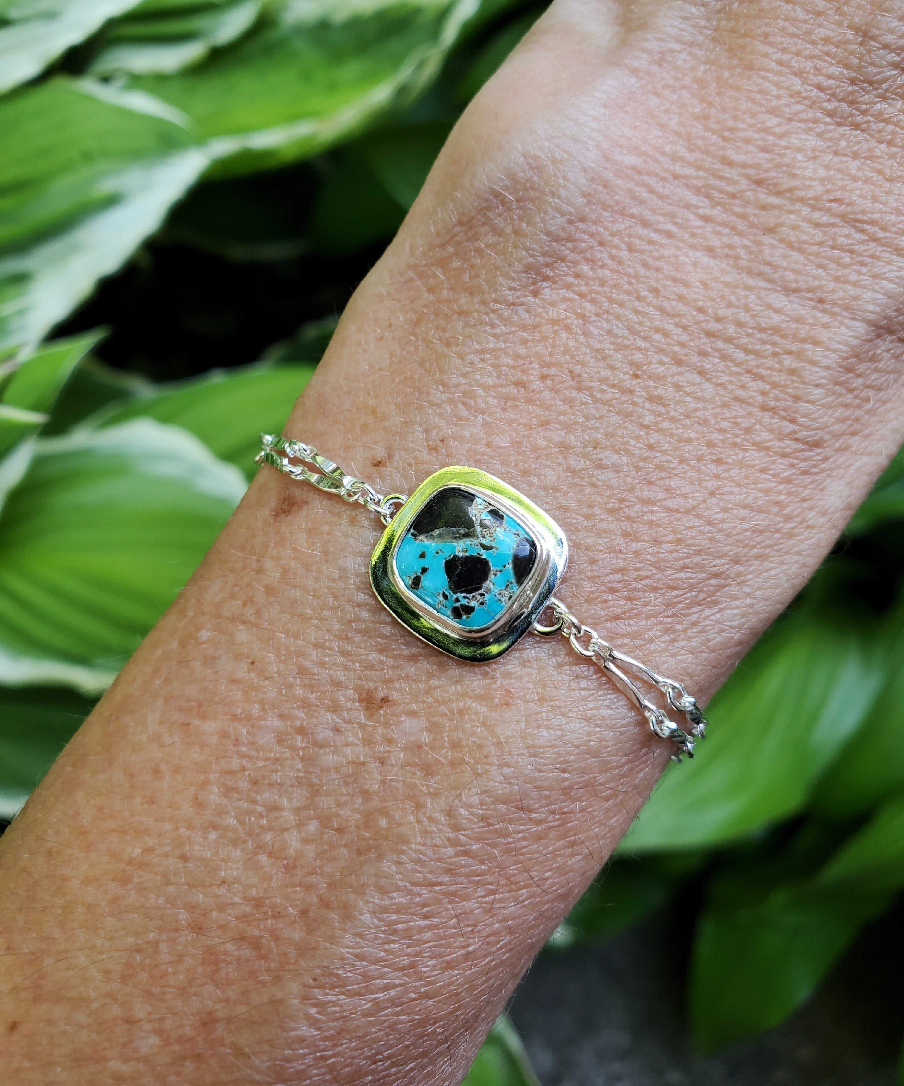 Carico Lake Turquoise Dainty Square Plume Link Bracelet in Solid Sterling Silver