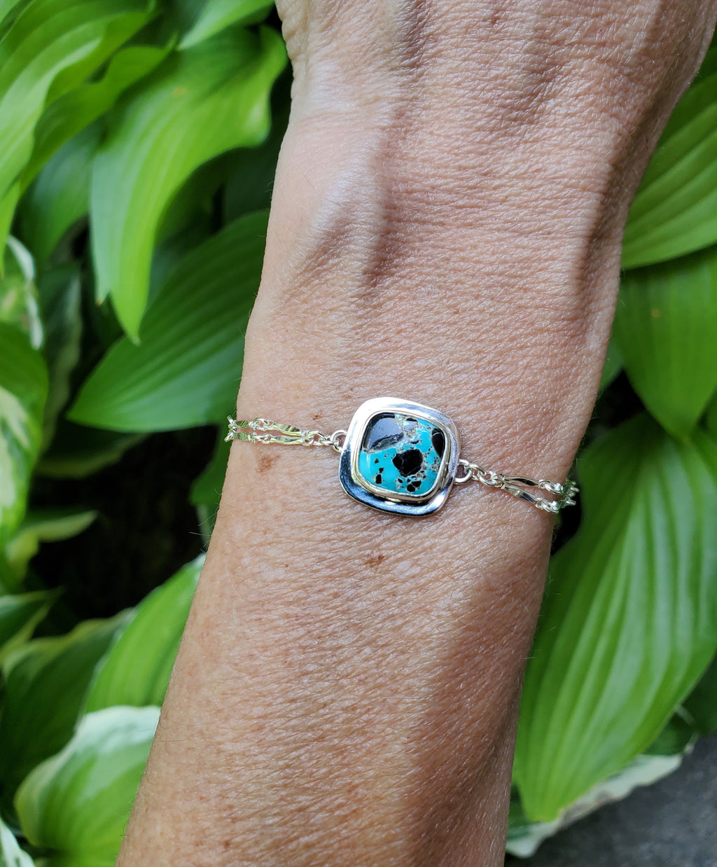 Carico Lake Turquoise Dainty Square Plume Link Bracelet in Solid Sterling Silver