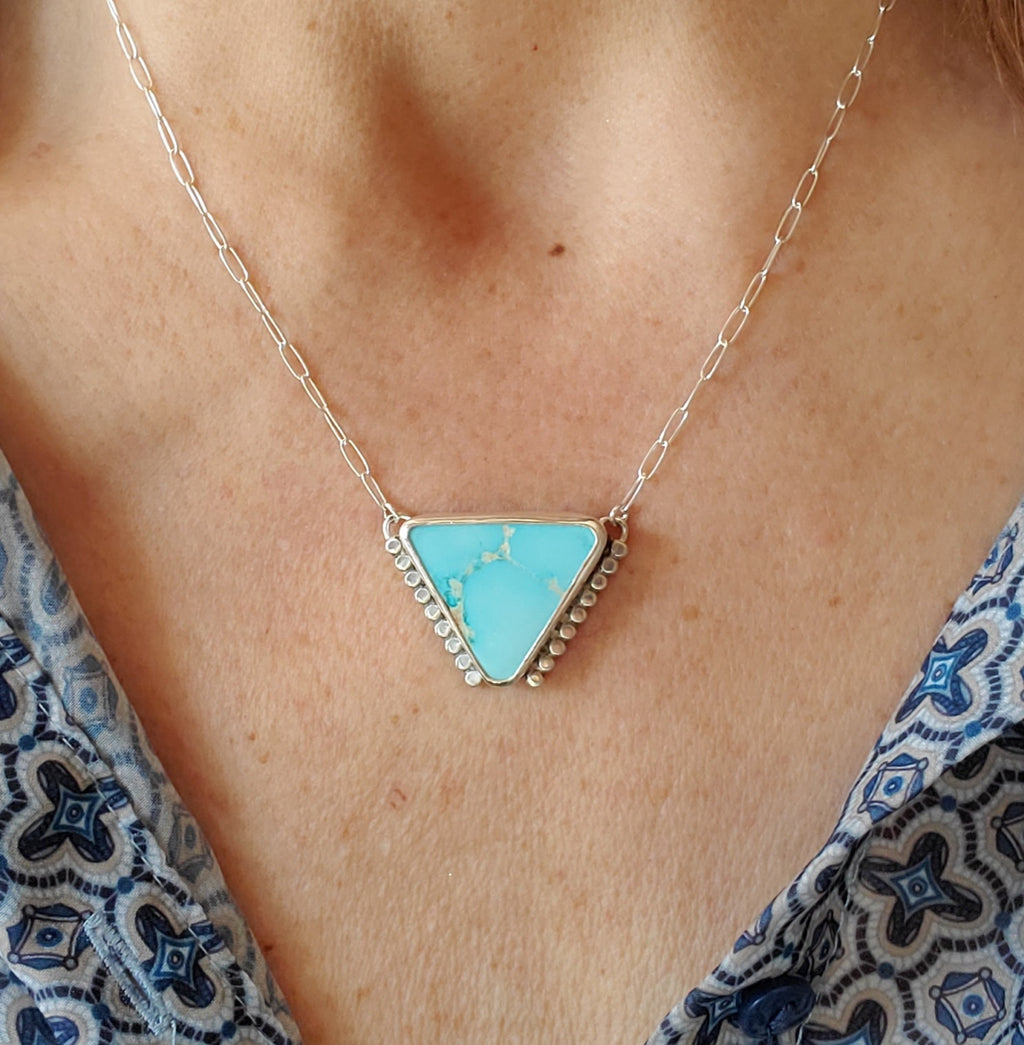 Royston Royal Blue Turquoise Inverted Triangle Pendant with Southwestern Detail in Solid Sterling Silver