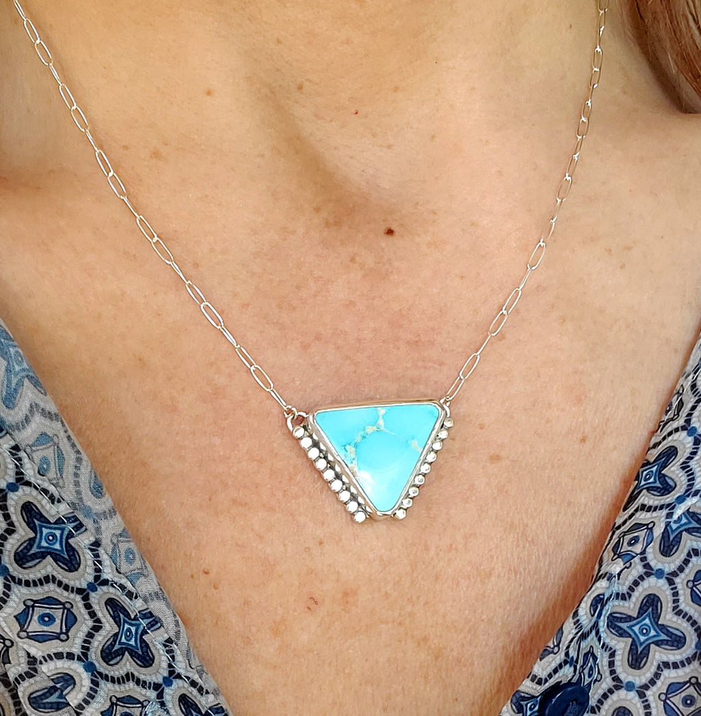 Royston Royal Blue Turquoise Inverted Triangle Pendant with Southwestern Detail in Solid Sterling Silver