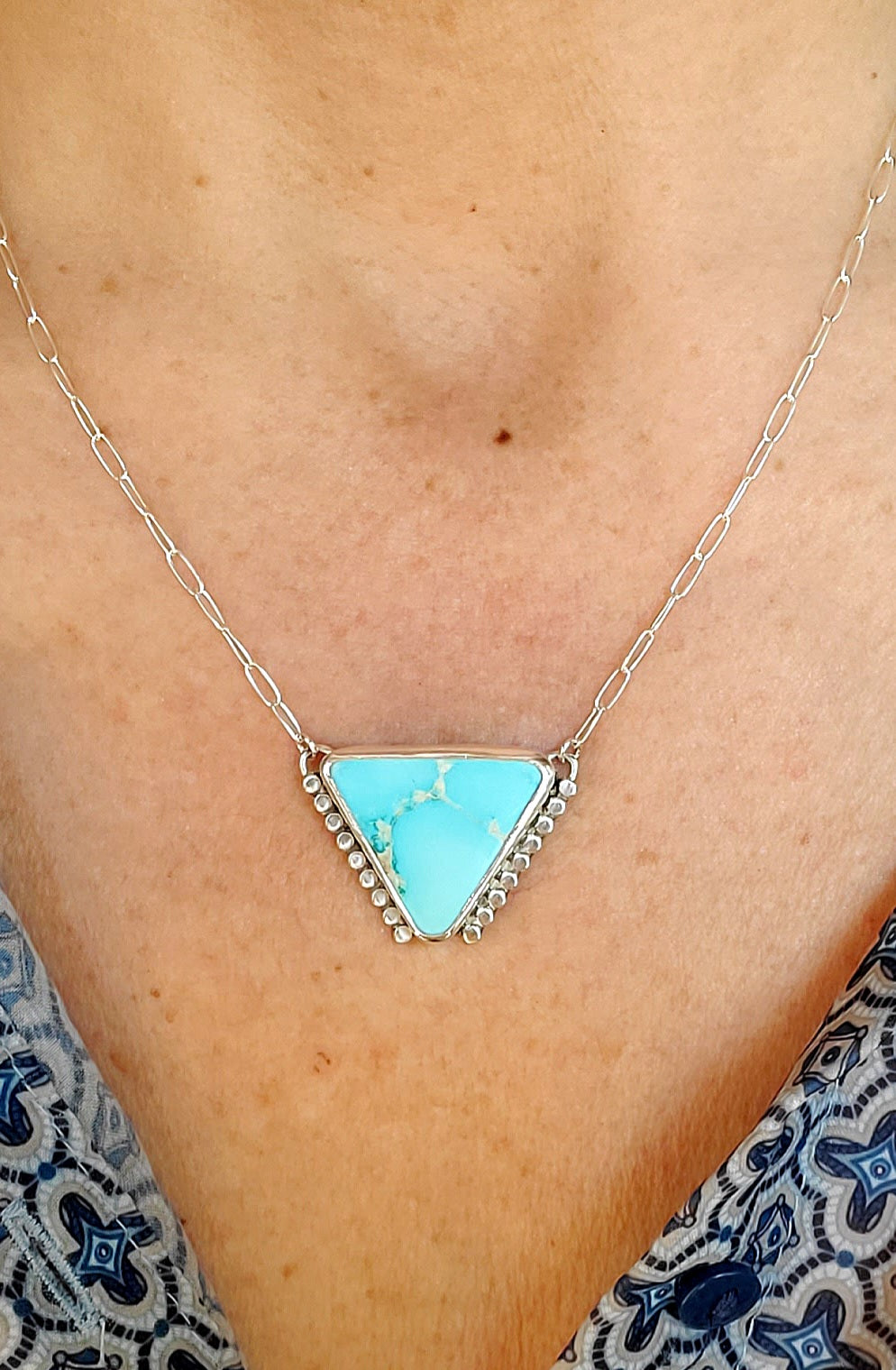 Royston Royal Blue Turquoise Inverted Triangle Pendant with Southwestern Detail in Solid Sterling Silver