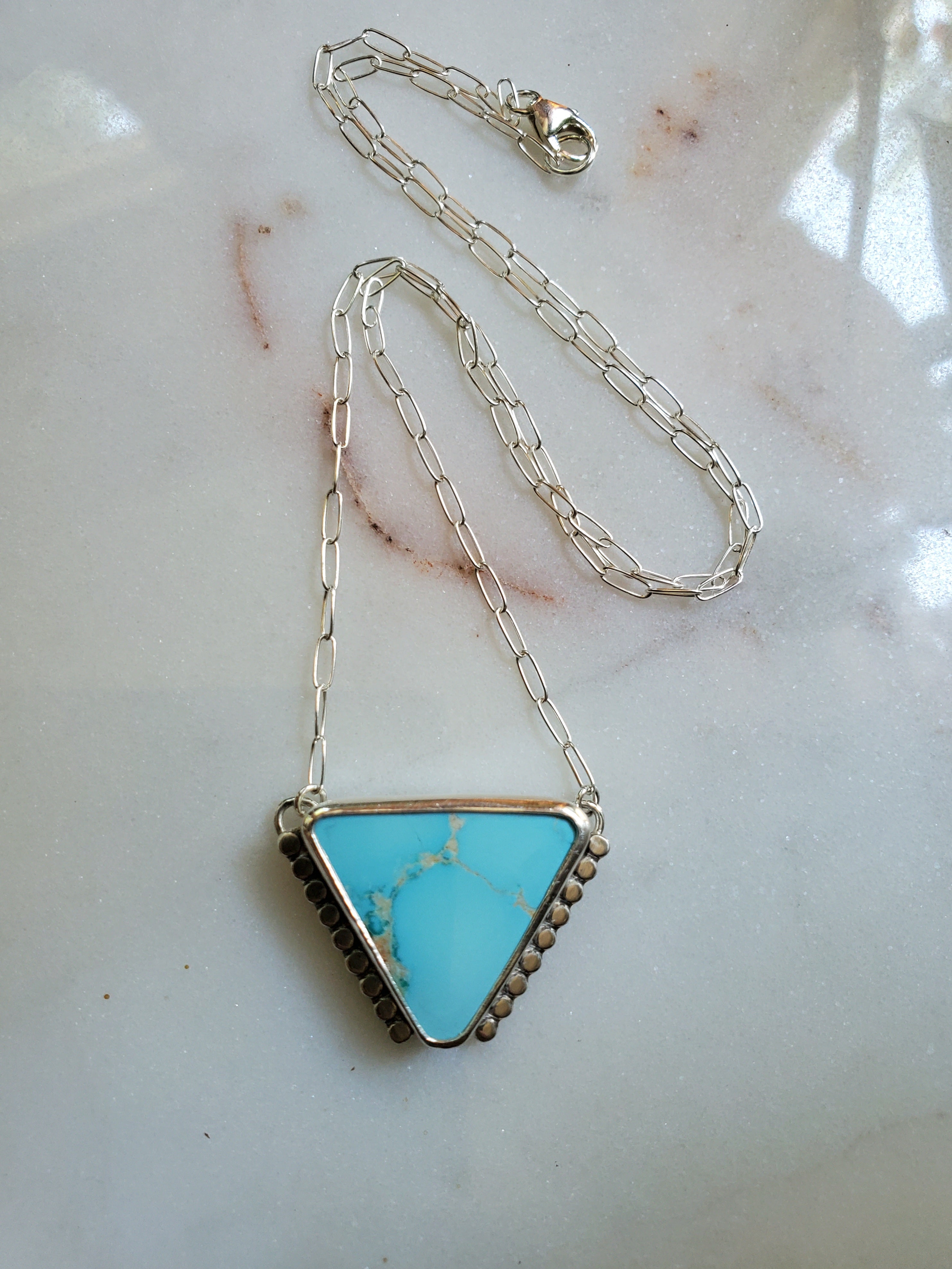 Royston Royal Blue Turquoise Inverted Triangle Pendant with Southwestern Detail in Solid Sterling Silver