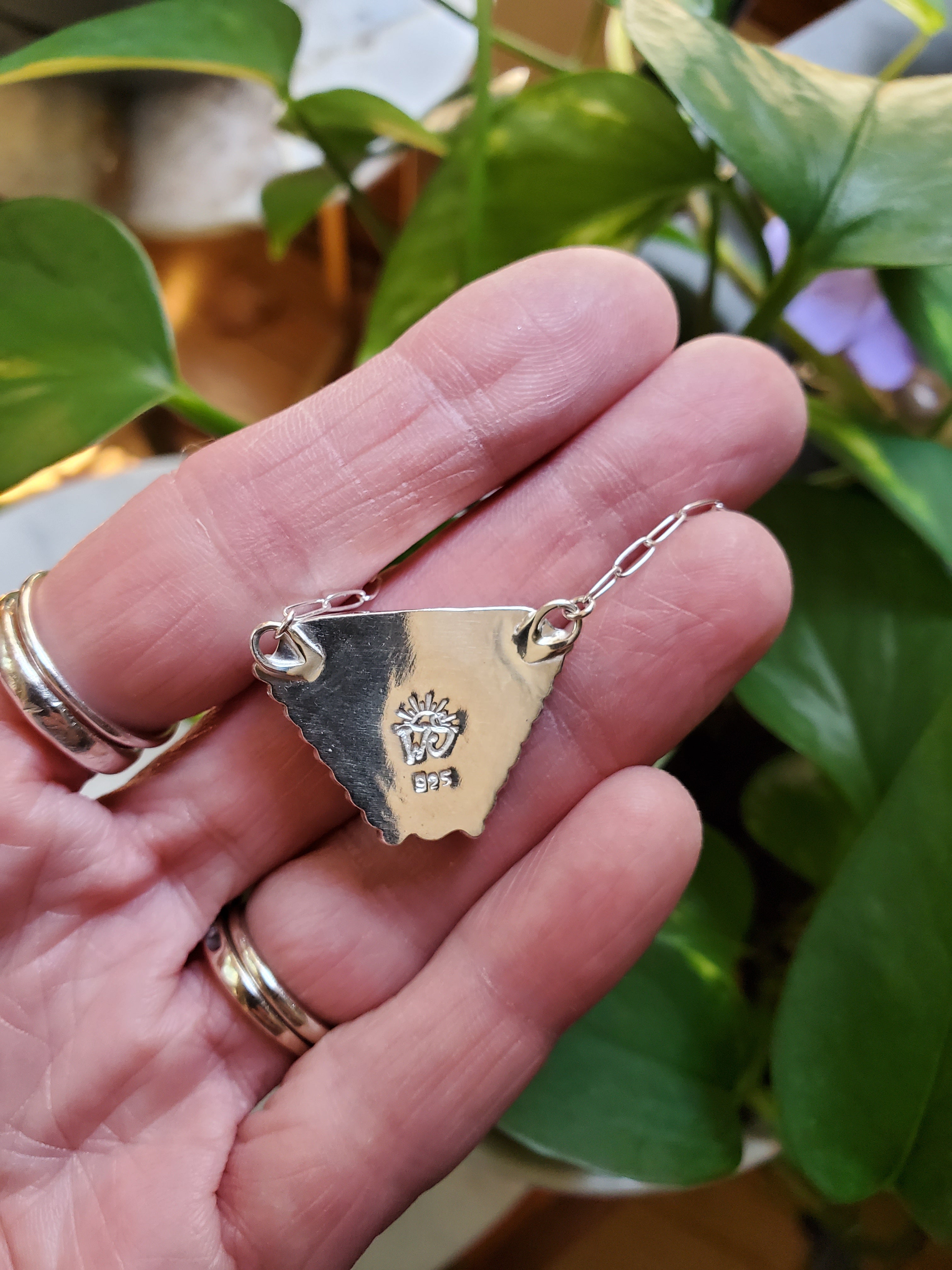 Royston Royal Blue Turquoise Inverted Triangle Pendant with Southwestern Detail in Solid Sterling Silver
