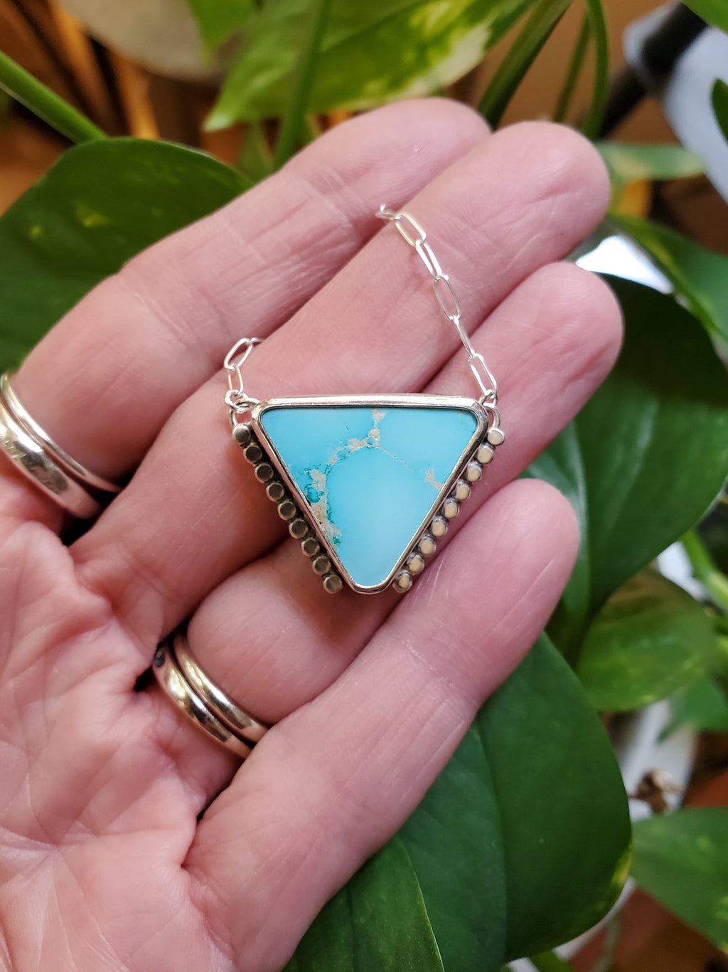 Royston Royal Blue Turquoise Inverted Triangle Pendant with Southwestern Detail in Solid Sterling Silver