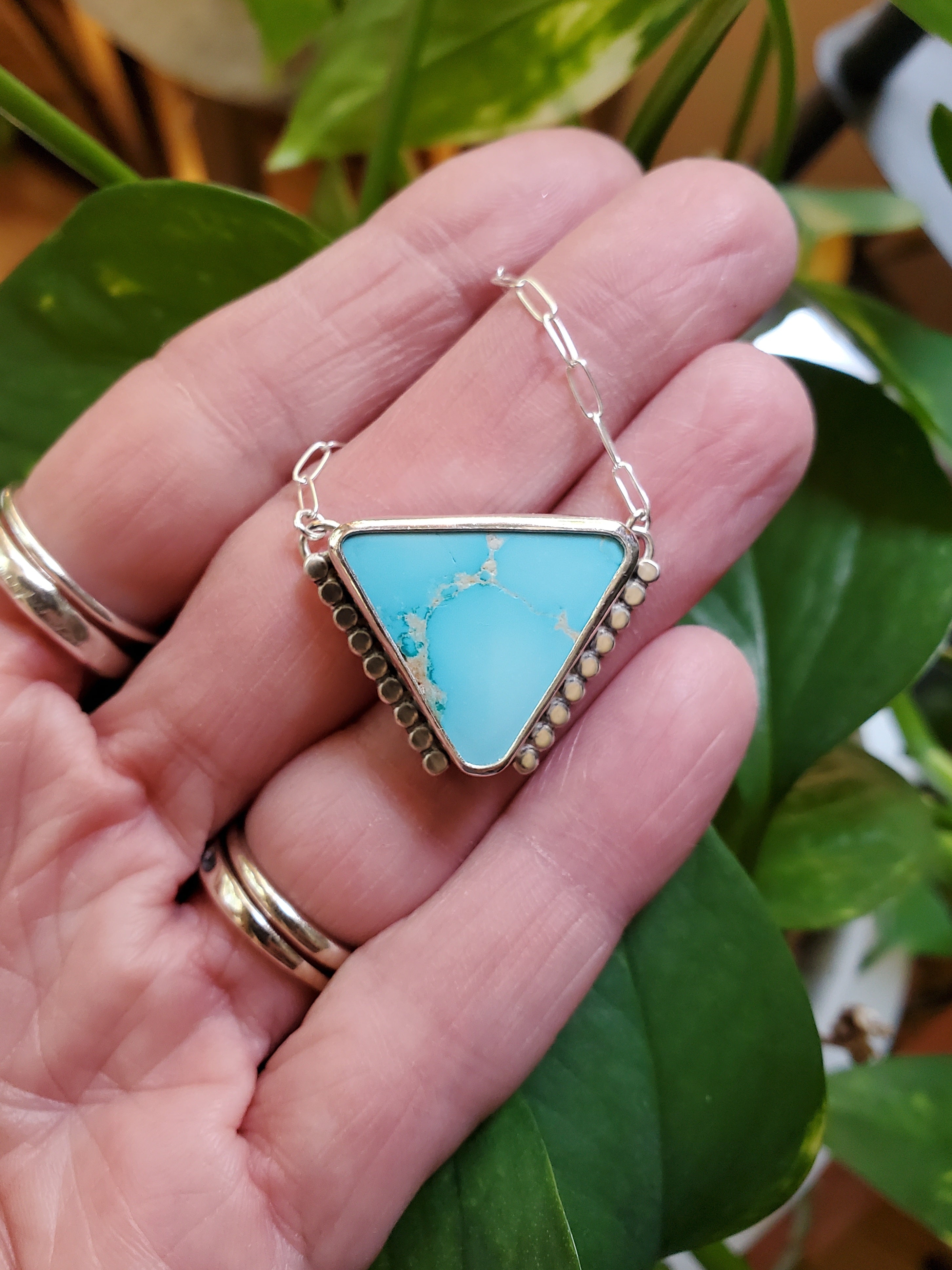 Royston Royal Blue Turquoise Inverted Triangle Pendant with Southwestern Detail in Solid Sterling Silver