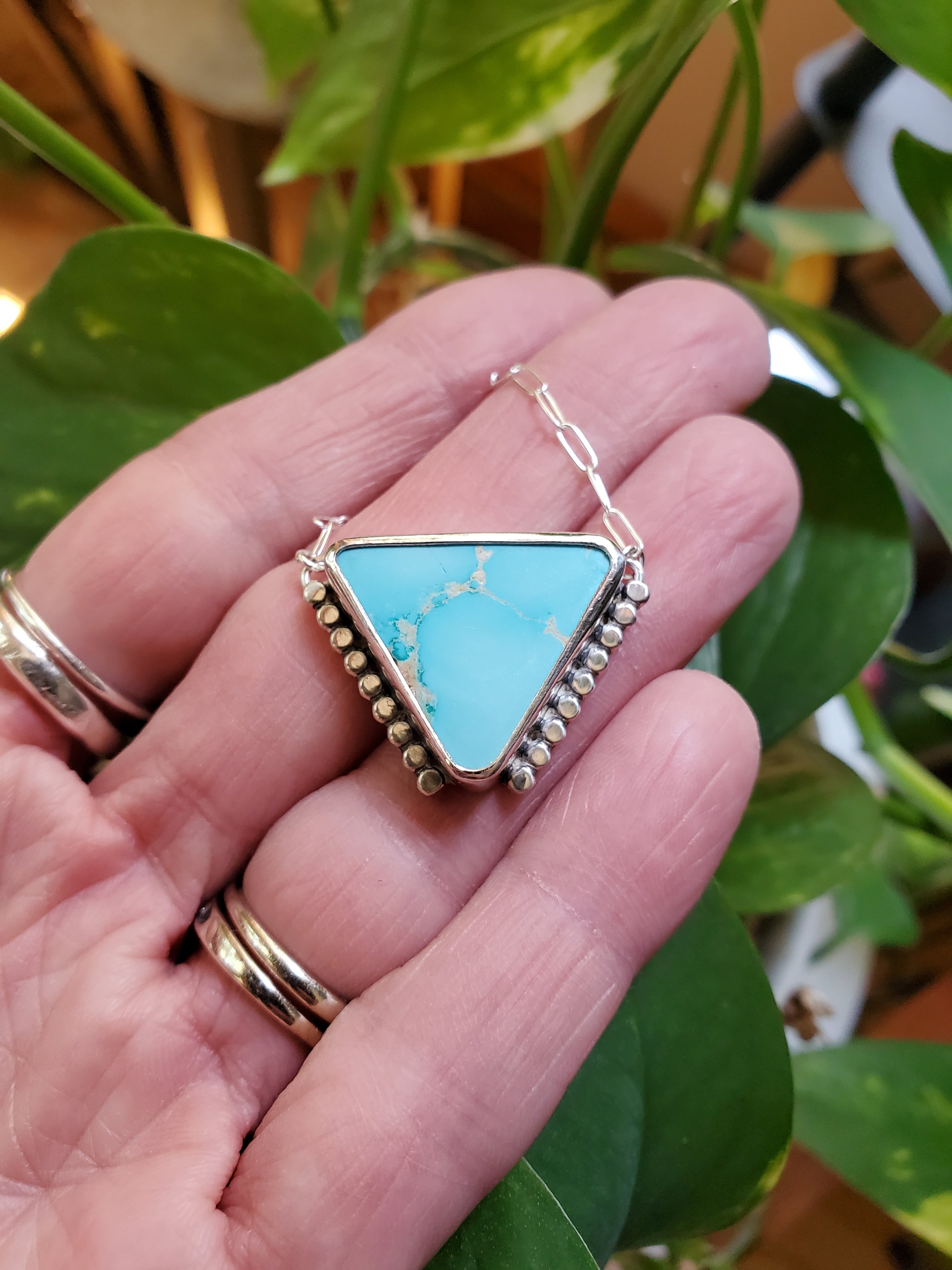 Royston Royal Blue Turquoise Inverted Triangle Pendant with Southwestern Detail in Solid Sterling Silver