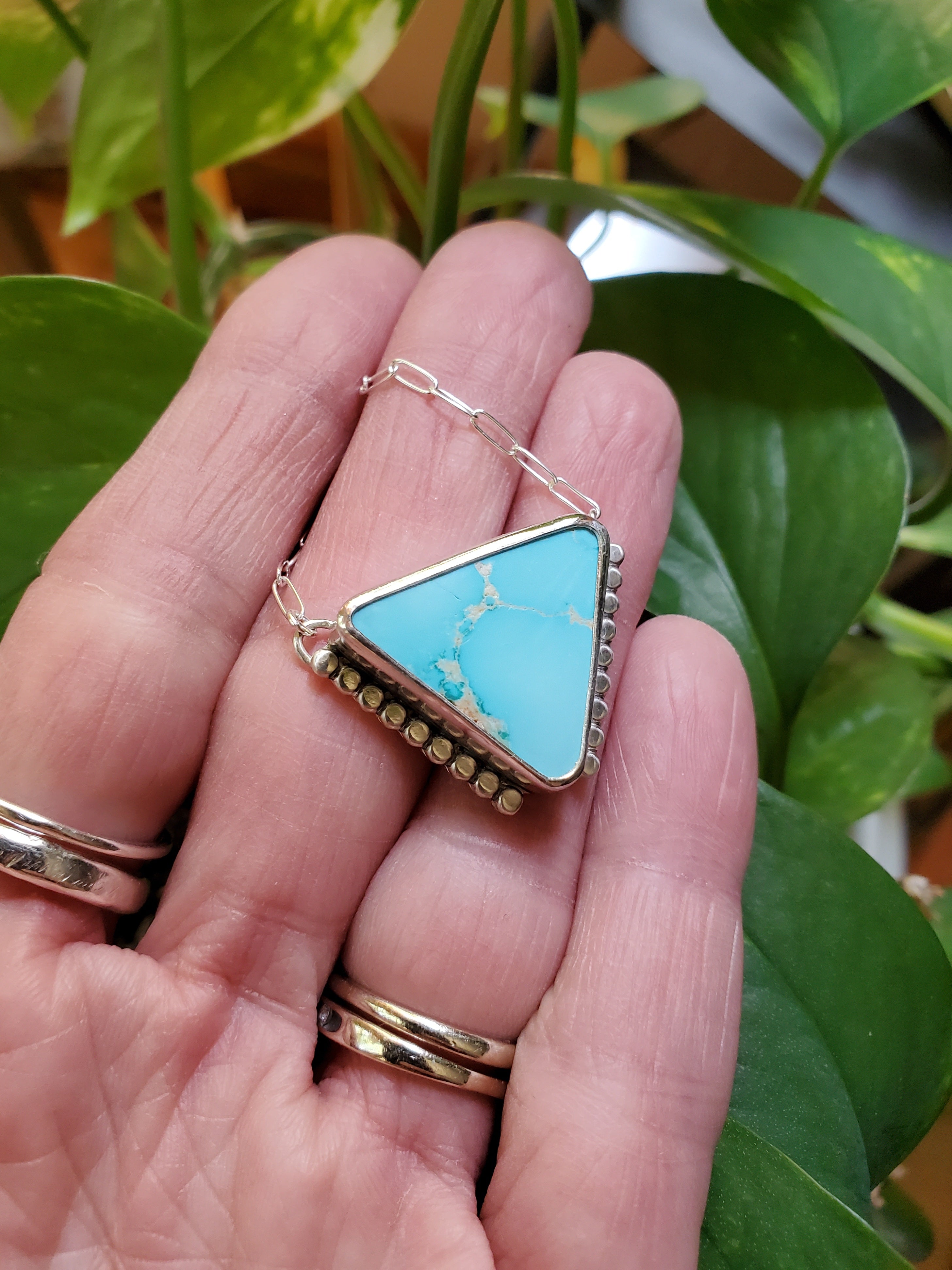 Royston Royal Blue Turquoise Inverted Triangle Pendant with Southwestern Detail in Solid Sterling Silver